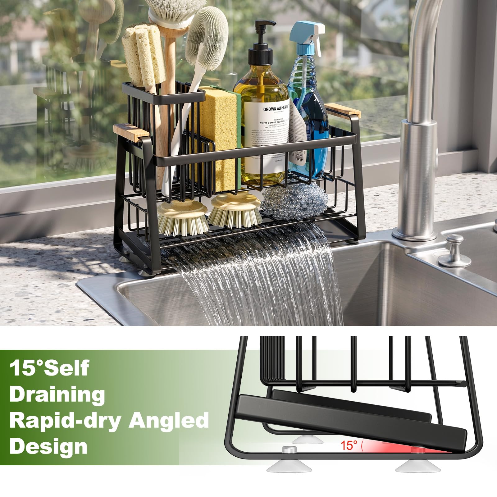 Housolution Portaspugna per Lavello Cucina, Organizer per Lavello 2 Livelli con Portaspazzole Alto e Flessibile, Accessori per Stoccaggio del Piano Cucina, Porta Dispensatore di Sapone, Antiruggine