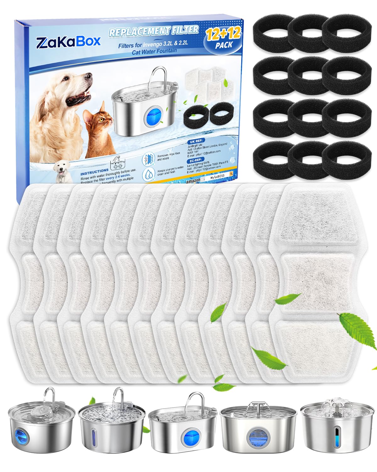 ZaKaBox 24 Pack Filters for Invengo 3.2L & 2.2L Cat Water Fountain