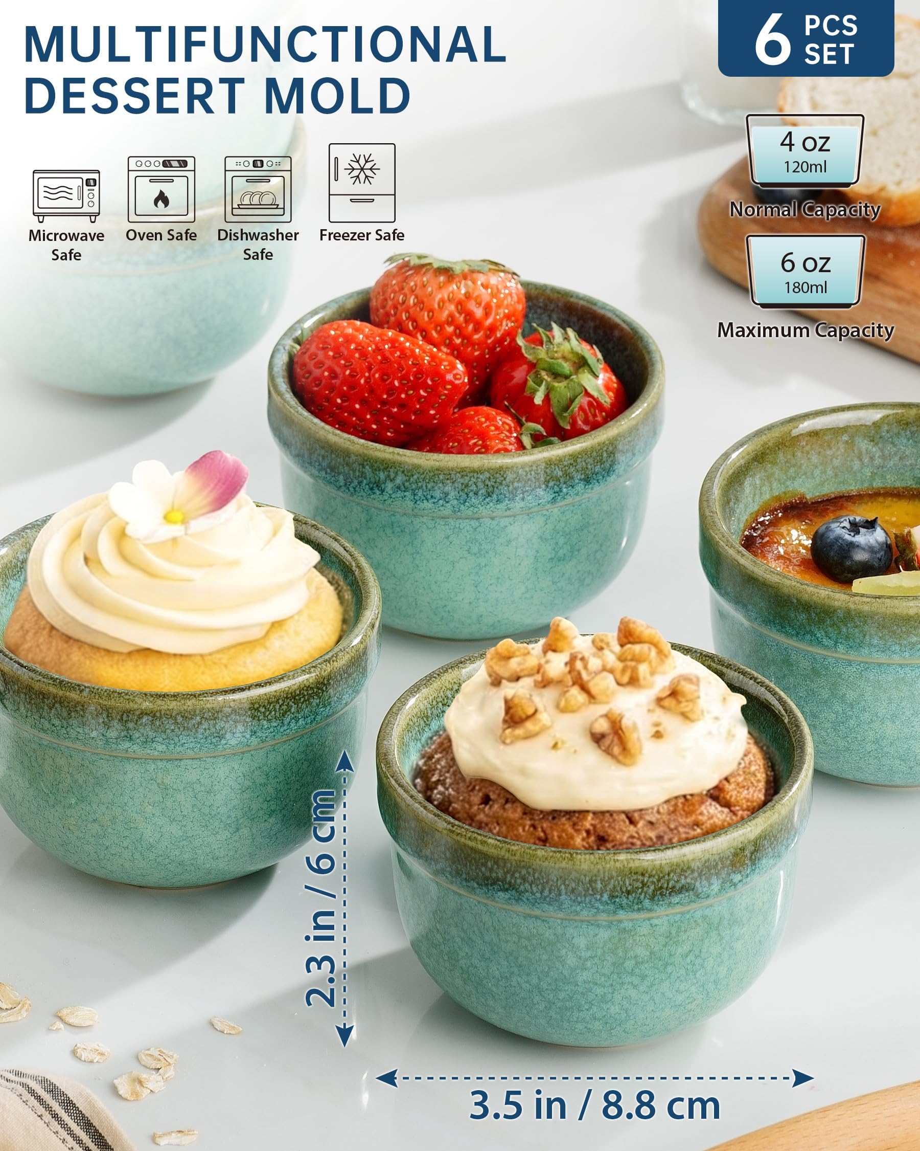 Lot de 6 Moules à Soufflé, 180 mL Ramequins Rond, Bol à Sauce Tapas, Moules pour Pudding, Creme Brulee, Bol à Dessert, Four et Micro-onde Convient