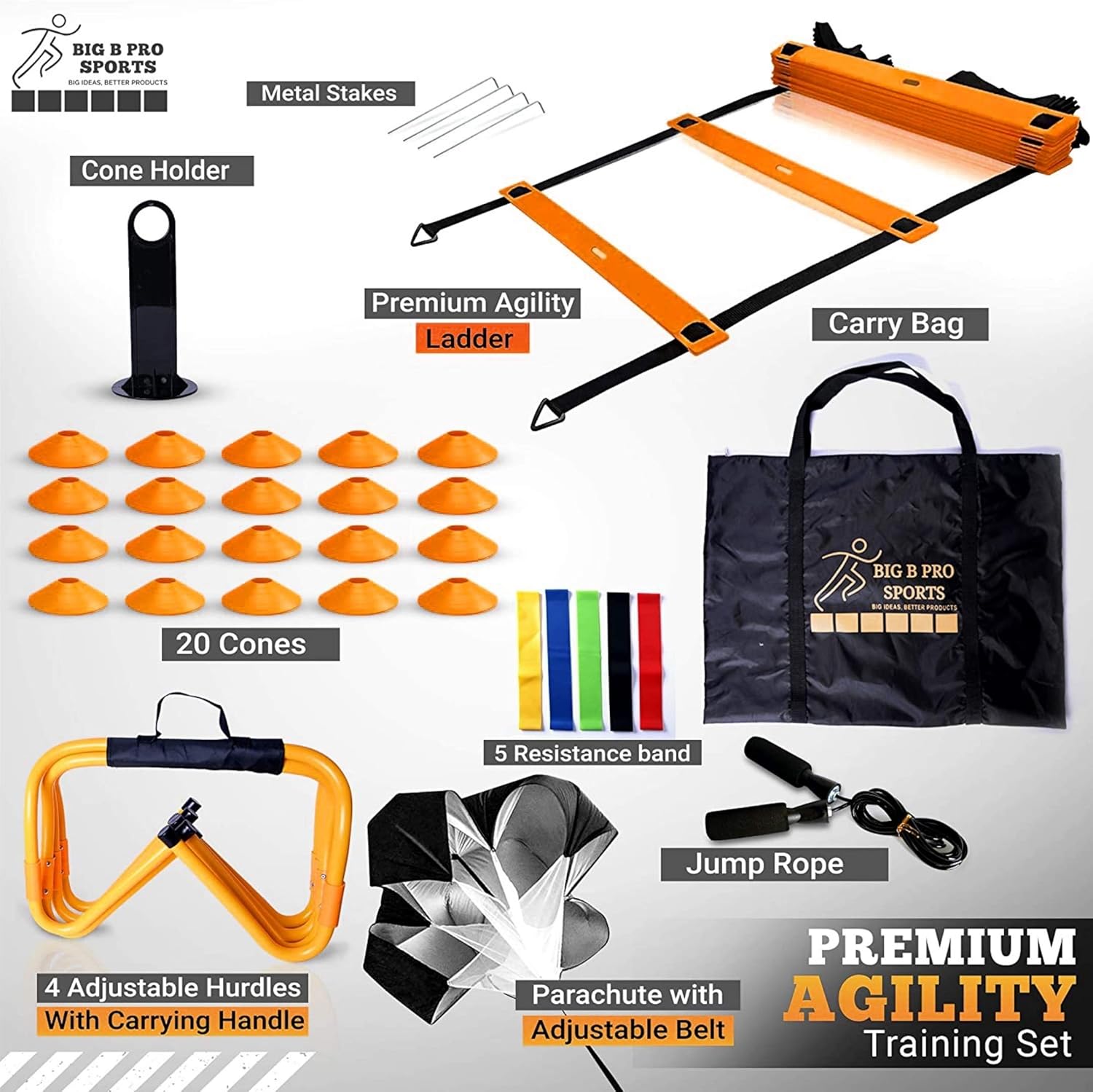 Speed & Agility Training Set (Orange)- Agility Ladder, Football Cones, Running Parachute, Jump Rope, Hurdles & Resistance Bands : Sports & Outdoors