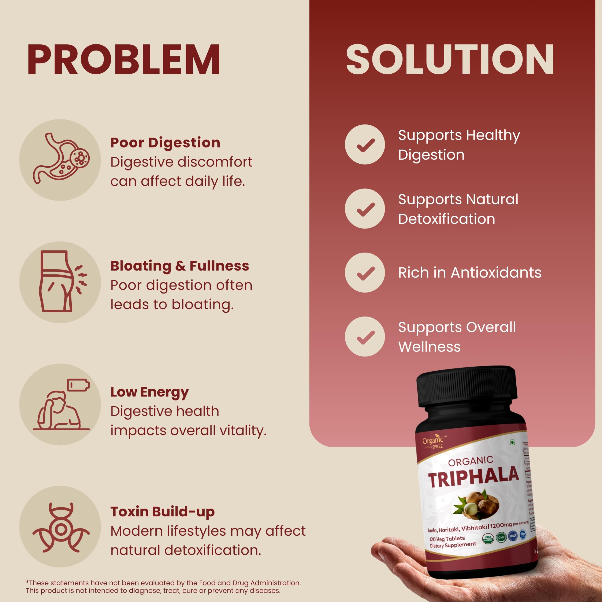 ORGANIC SPREE Triphala 120 Tablets - Supports Digestion, Occasional Bloating & Colon Cleanse* - Amla, Haritaki & Bibhitaki - 60 Days Supply - USDA Organic, GMP, HACCP Certified — Amazon image 3