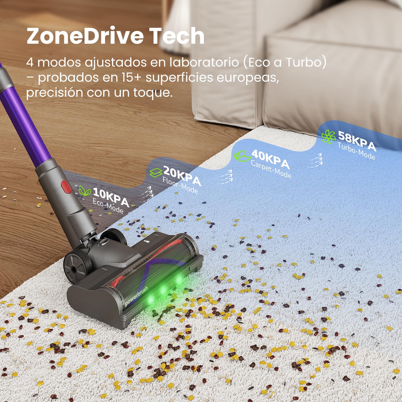 Aspiradora Sin Cable 58000Pa/600W/75Min, Escoba Aspiradora sin Cable de 1.6L, Pantalla Táctil LED Inteligente, Aspirador Inalámbrico Antienredo, Ideal para Suelos, Alfombras y Pelo de Mascotas