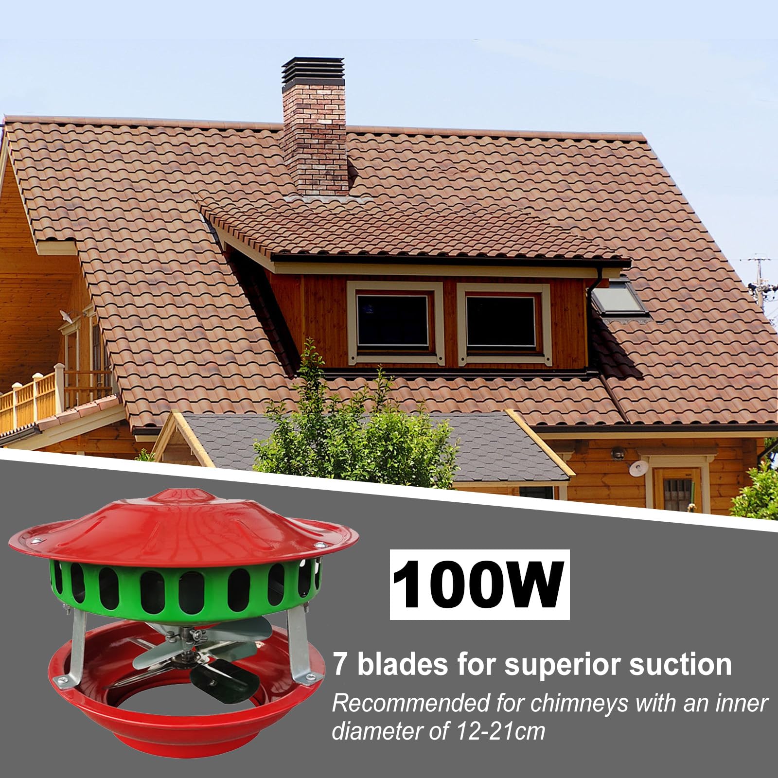 100W Rauchabzug Ventilator,Kamin Ventilator mit 7 Fächerblätter für 12-21cm Ventilator für Kamin & HolzofenKaminventilator Metall Rauchabzug,Geräuscharmer Schornsteinventilator