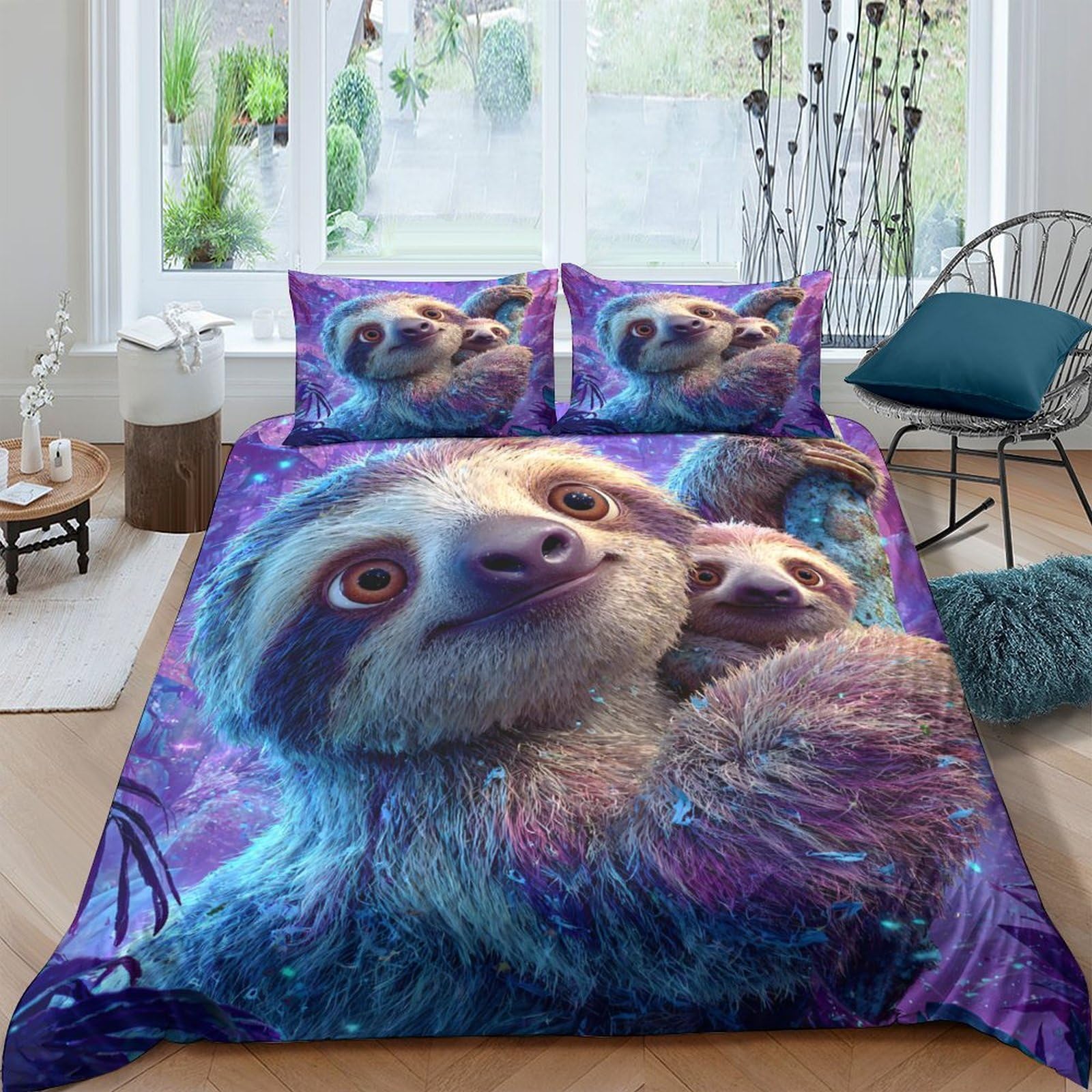 Ctjqhvkz Style-5 3D Printed Sloth Jungle Fitted Sheet Microfiber Soft Purple Forest Mattress Cover For Bedroom Dorm Easy Care Decor Single（135X200cm）