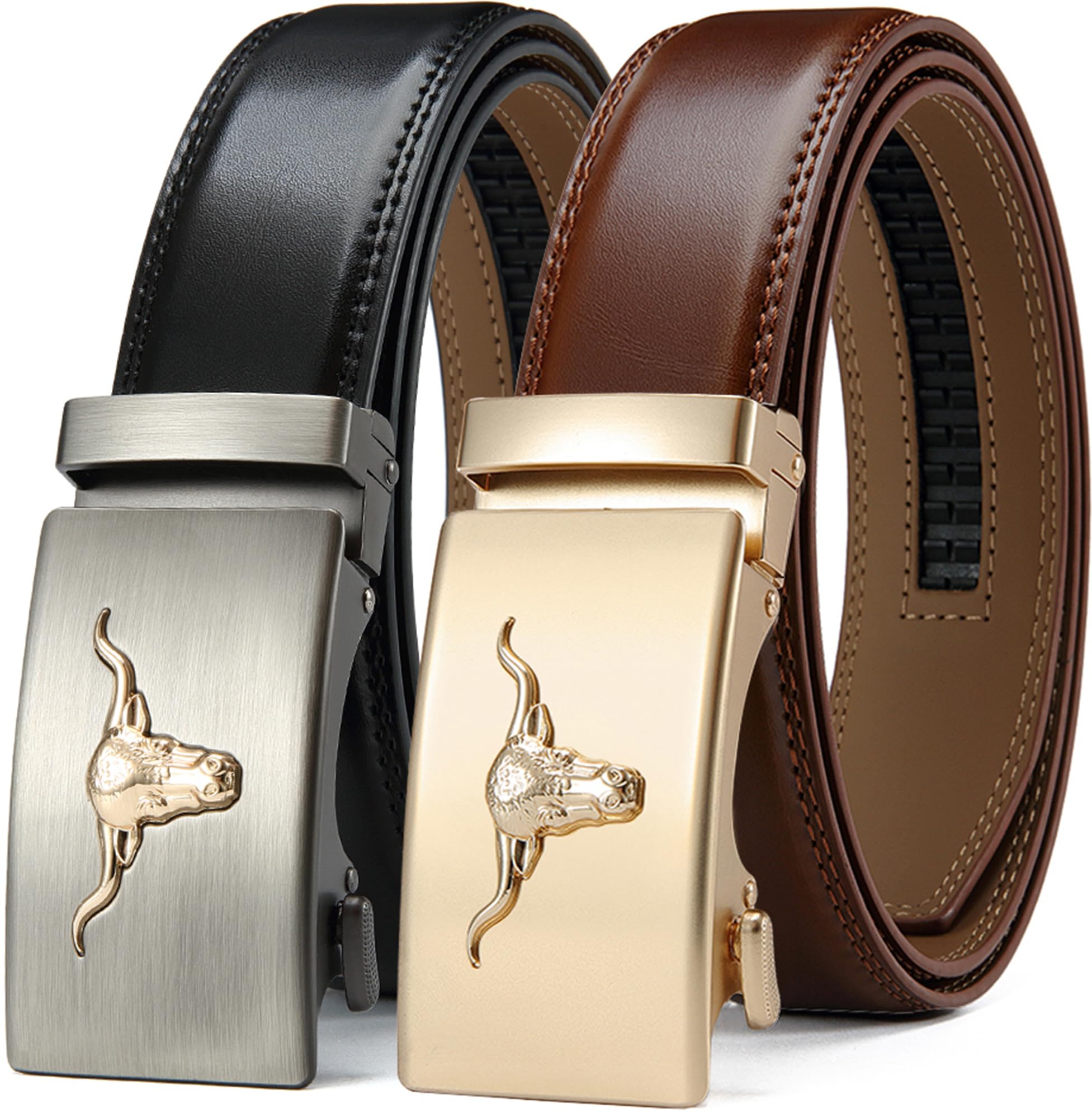 DOOPAI Men's Leather Ratchet Belts 2 Pack Adjustable Click Belt Set for Dress & Casual, Custom Fit 1 3/8" (35mm) -Trim to Fit