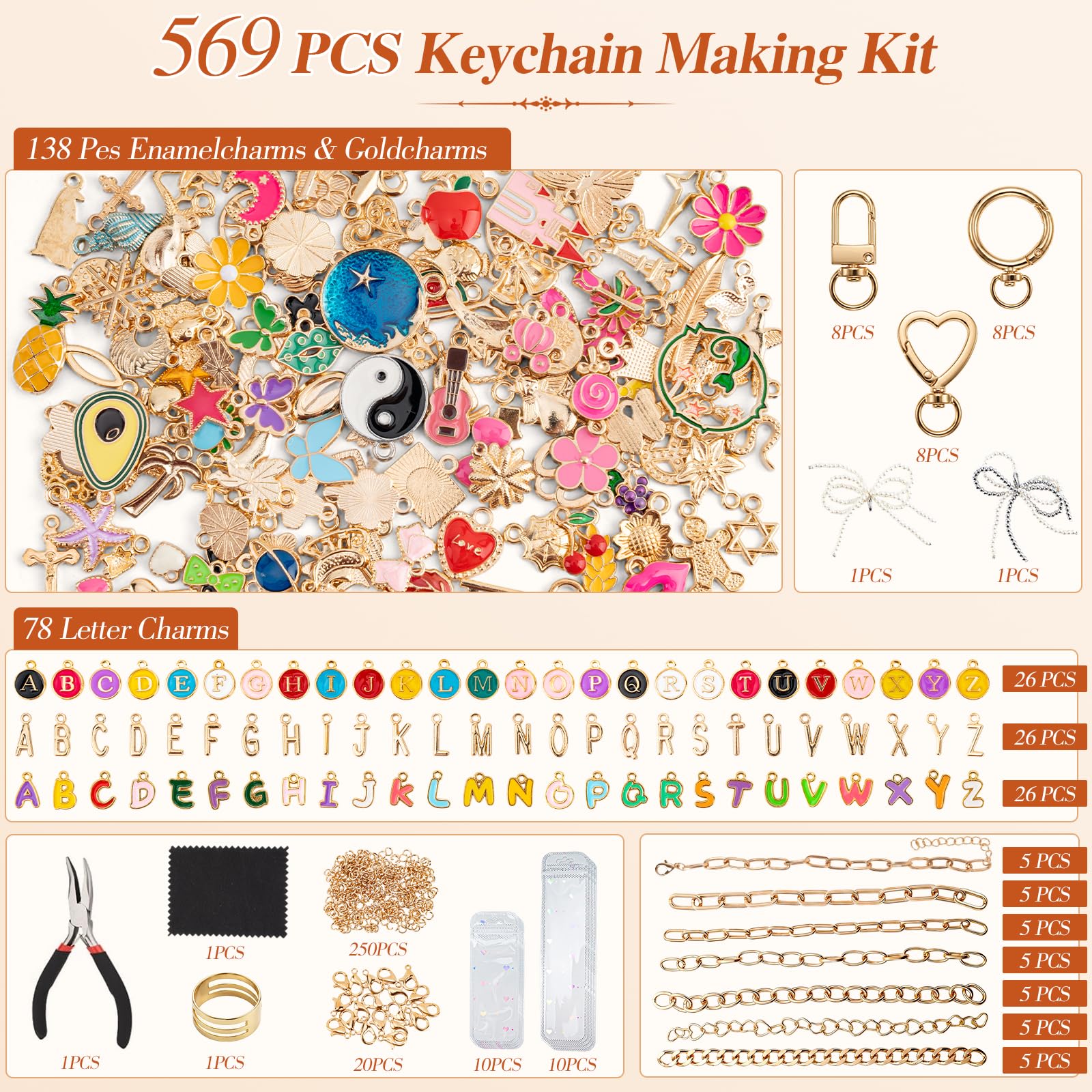 Kit di 569 ciondoli per la creazione di portachiavi, kit per la creazione di bracciali, kit fai da te con ganci portachiavi, anelli aperti, chiusure a moschettone, ciondoli, catene e strumenti, pinze