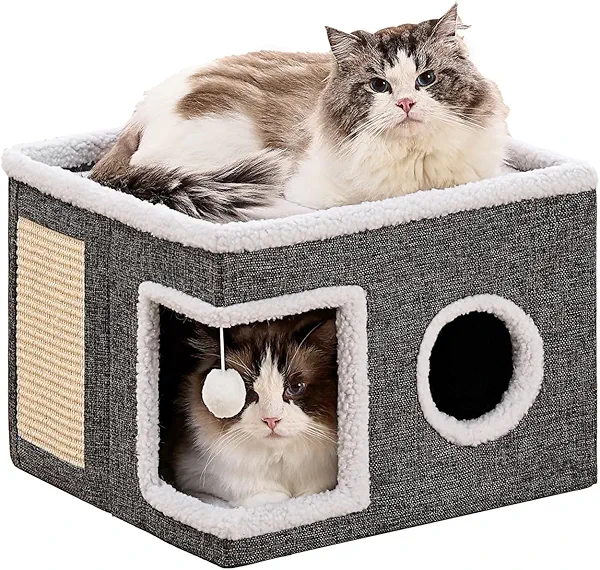 Crispedia Cat Beds for Indoor Cats, Large Cat Cave with Fluffy Ball and Scratch Pad, Foldable Cat Scratch House with Hideaway Condo for Kitten,16x16x13inch,Grey