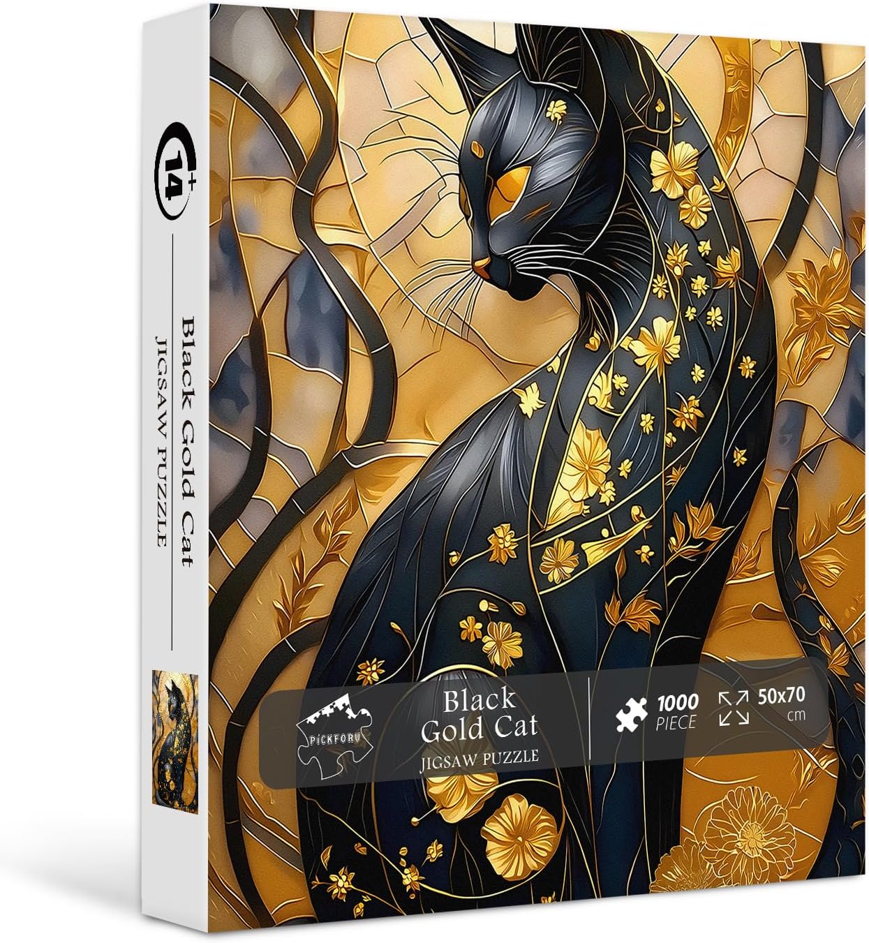 Cat Jigsaw Puzzles 1000 Pieces, PICKFORU Gradient Flower Puzzles for Adults Black Gold, Challenging Impossible Kitten Floral Art Theme as Wall Art