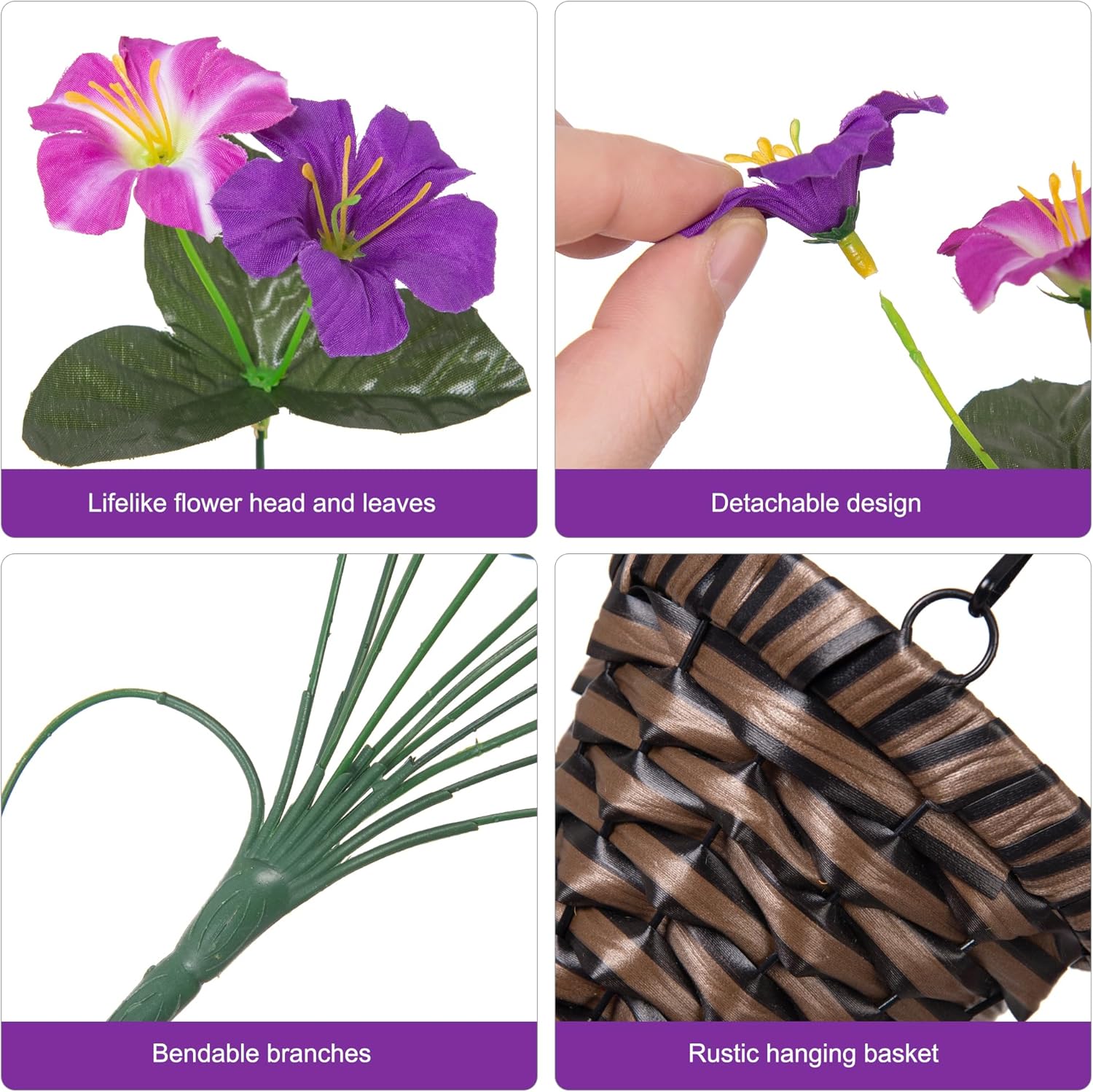 HyeFlora Artificial Flowers with Basket for Outdoors, 3pcs Faux Hanging Morning Glory Silk Fake Flowers Lifelike Plants UV Resistant Flowers for Outside Planter Patio Garden Porch Decor (Purple red)