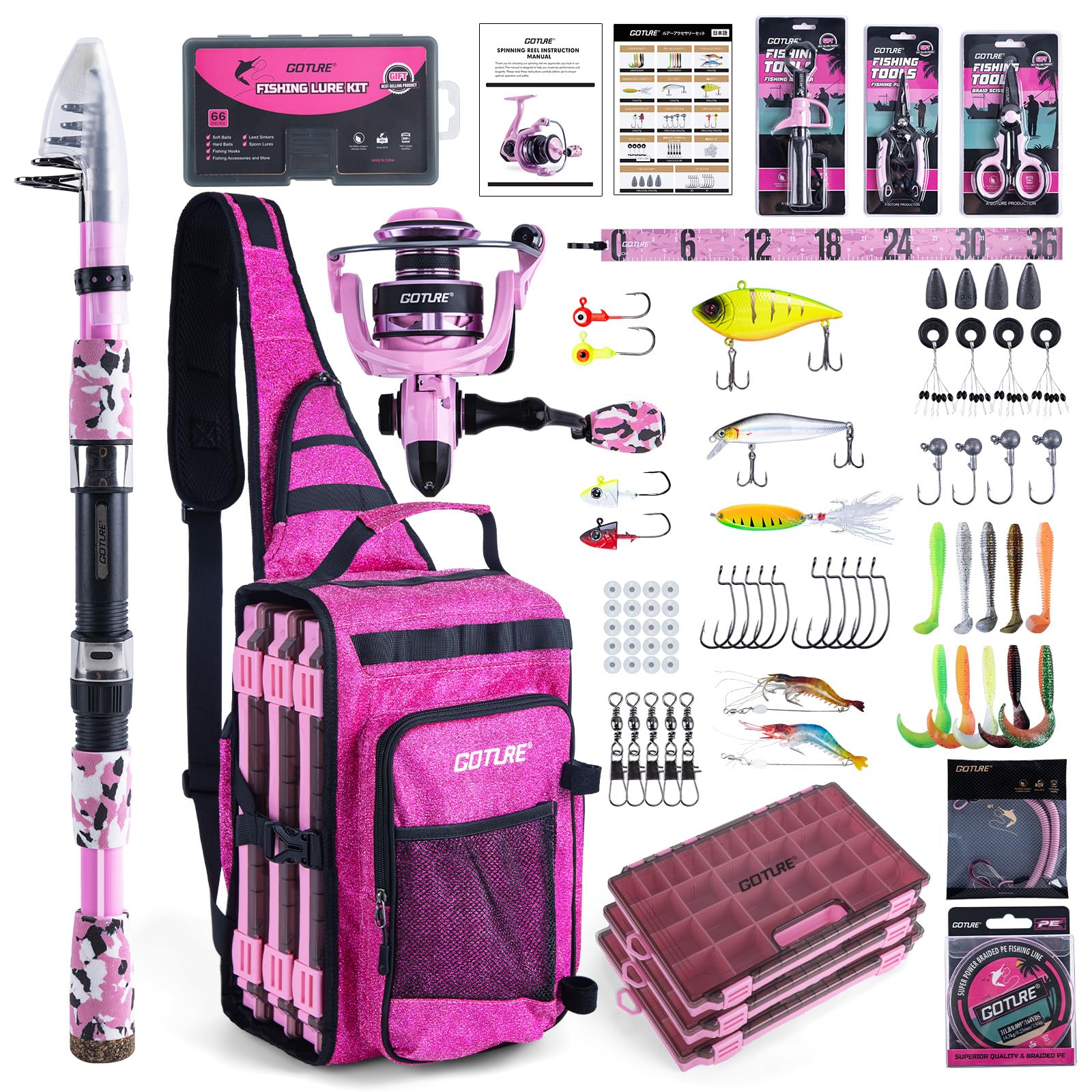 Goture Bling Pink Fishing Rod and Reel Combos with 20L Sling Bag, Telescopic Pole Spinning Reel Lures 3 Tackle Boxes Set, Telescopic Fishing Rod Fishing Kit for Travel Saltwater Freshwater 2.1M A2