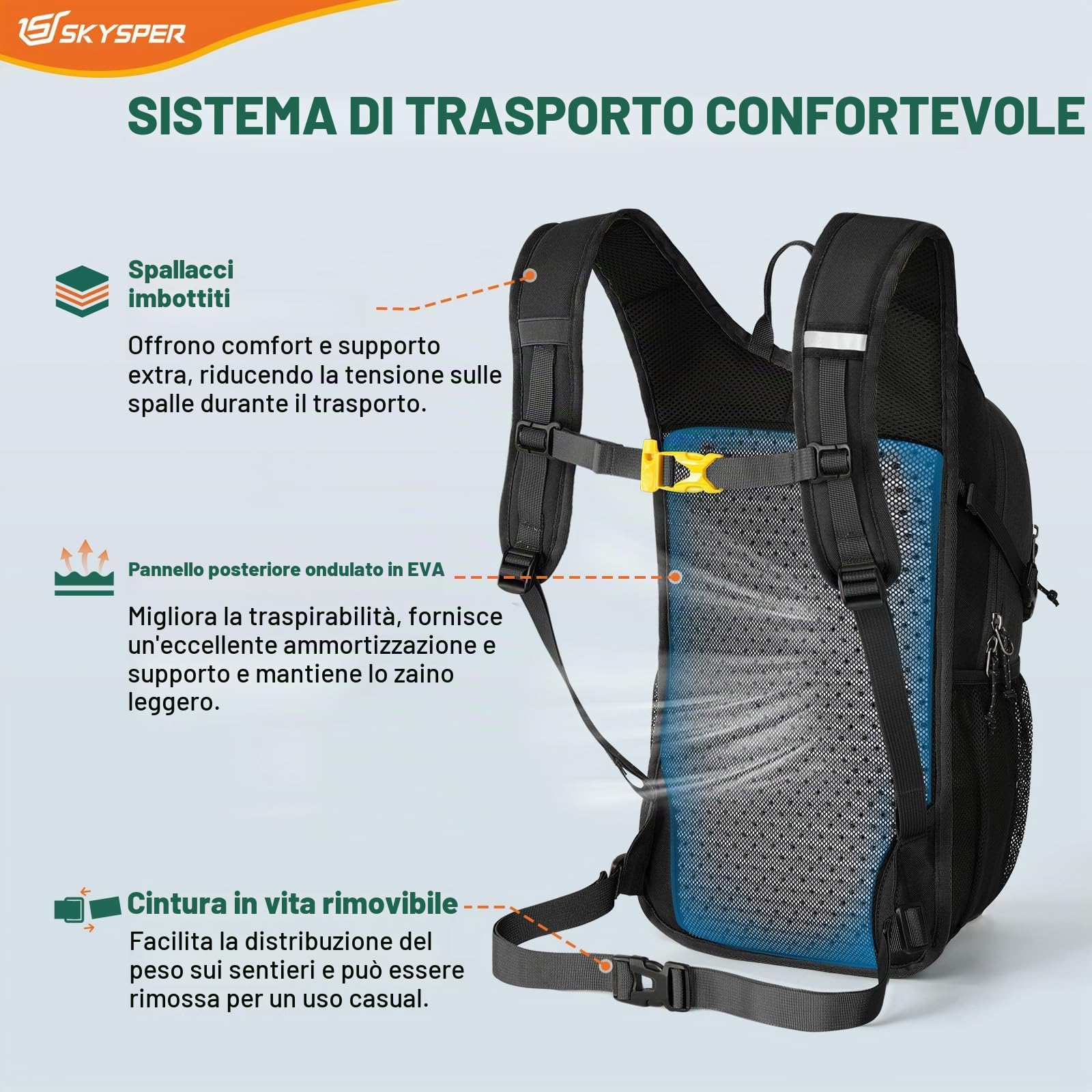 SKYSPER Zaino da Escursione 15L Zaino Sportivo | Materiale Amico dell'ambiente Zaino per Viaggio Escursioni Hiking Avventure