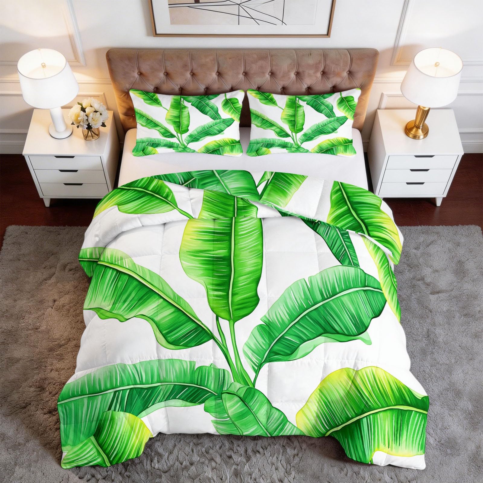 Botanico Foglia di Banana Foglia di Palma Trapunta Calda 140 x 200 cm, Bianco Verde Trapunta Leggera per Letto - Coperta morbida 4 stagioni Trapunta Lavabile per Bambini Ragazze Ragazzi Adolescenti
