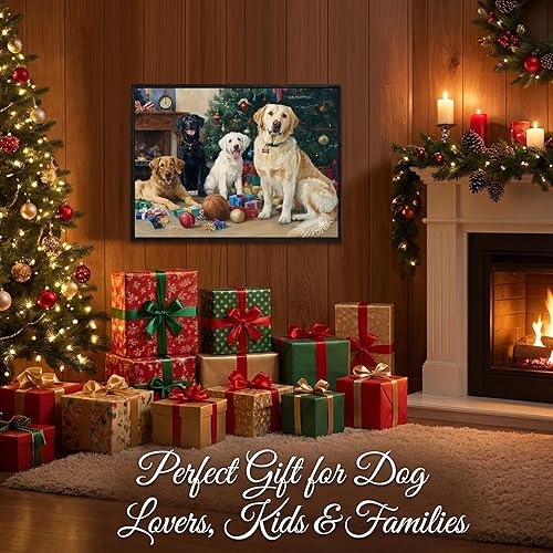 Miniatura 2 de Arte de pared de Navidad con perros labrador, decoración de pared en lienzo de 24 x 18 pulgadas, escena de chimenea navideña con labradores dorados