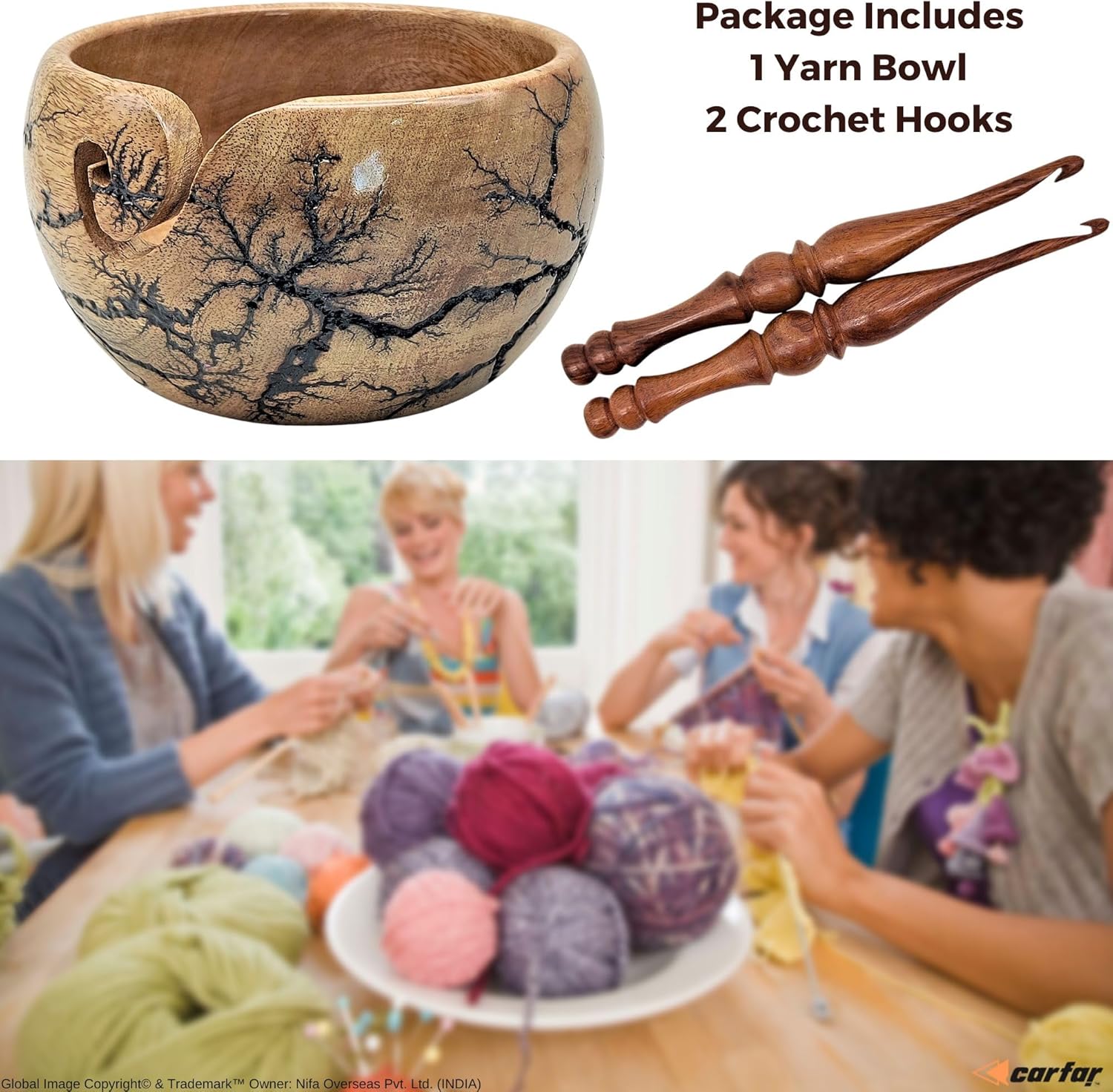 Carfar Knitting Yarn Bowl & Crochet Hooks Set Handmade Wooden Black Texture Yarn Bowl for Crocheting and Knitting (Black)