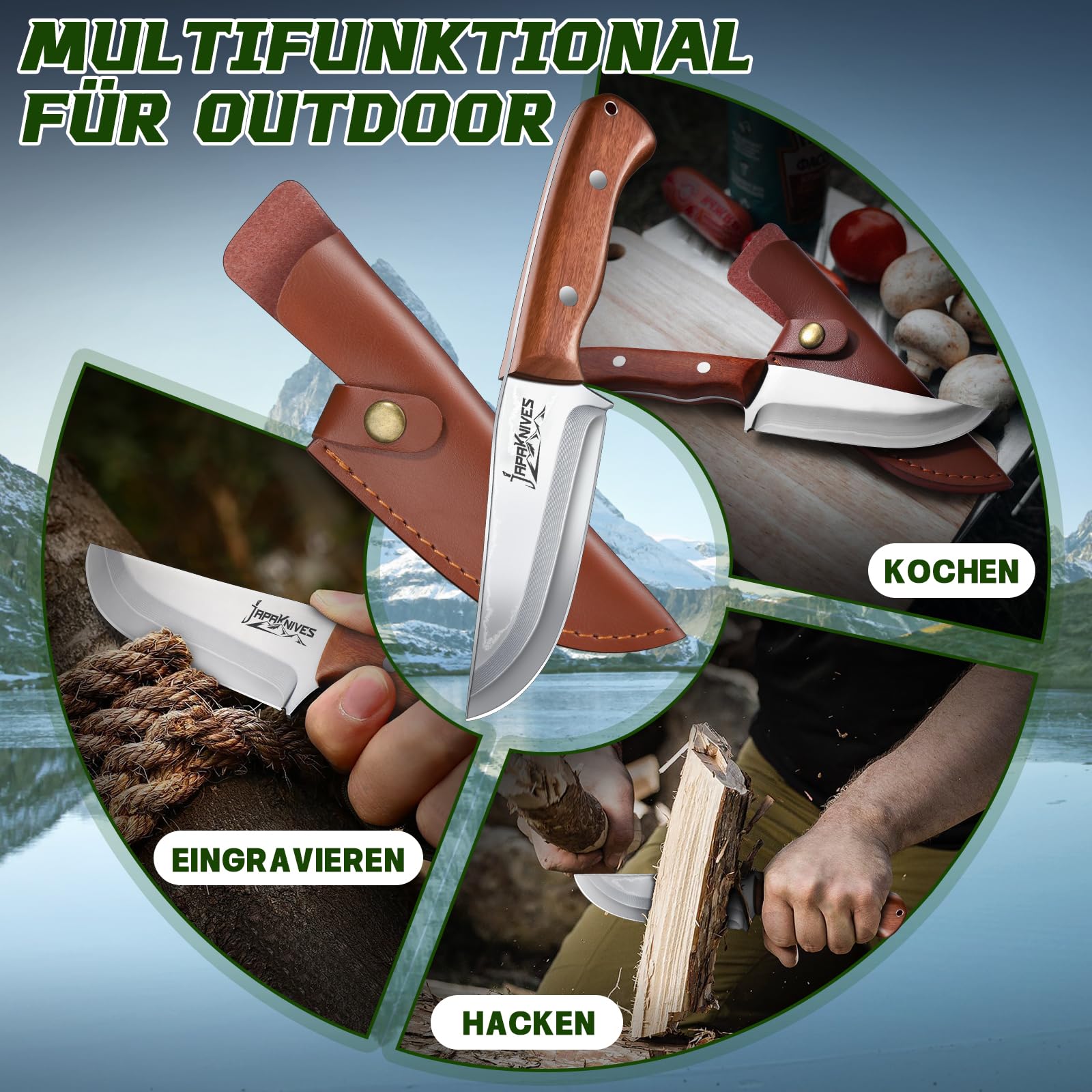 Japaknives Jagdmesser Feststehende Klinge Survival Messer mit Lederscheide Bushcraft Messer Rosenholzgriff Outdoor Messer Jagd Geschenk für Männer