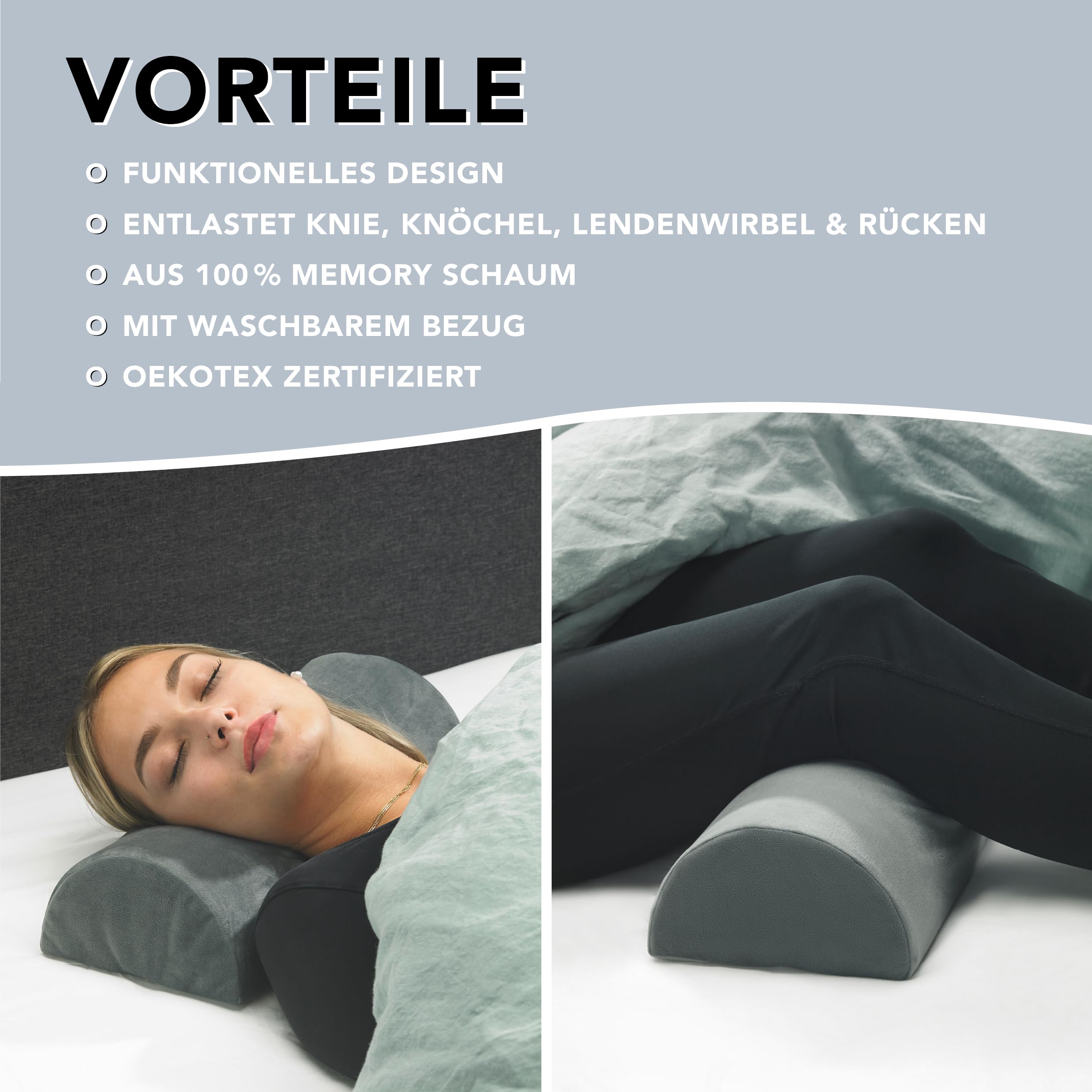 XDREAM bequemes Kniekissen für Seitenschläfer | Orthopädisches Beinkissen aus Memory Foam zur Entlastung von Knie und Rücken | Halbnackenrolle, Nackenrolle, Lendenkissen |Waschbarer Überzug