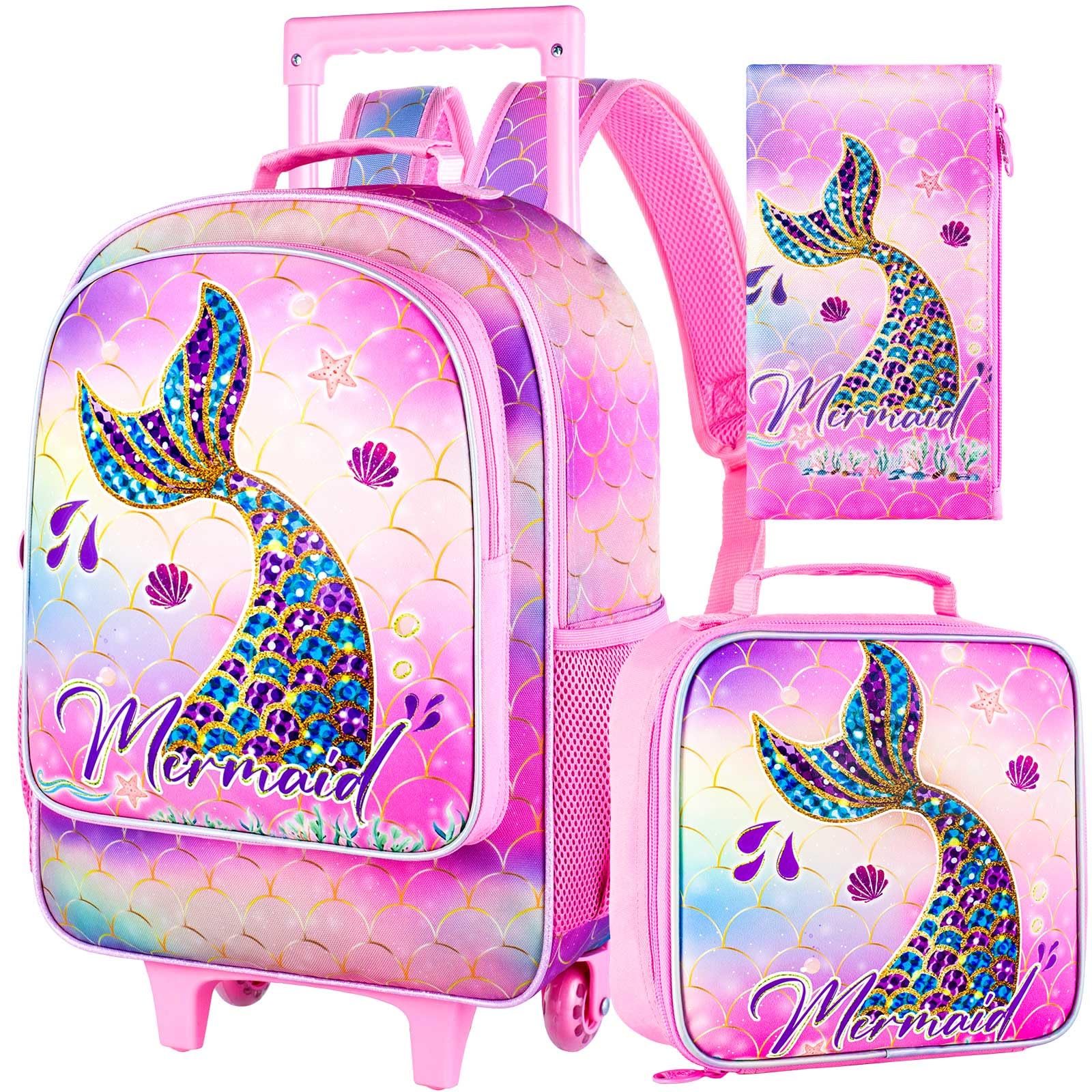 TXHVO3PCS Rolling Backpack for Girls Boys, Kids Roller Wheeled Bookbag with Lunch Box, Backpacks with Wheels for Elementary