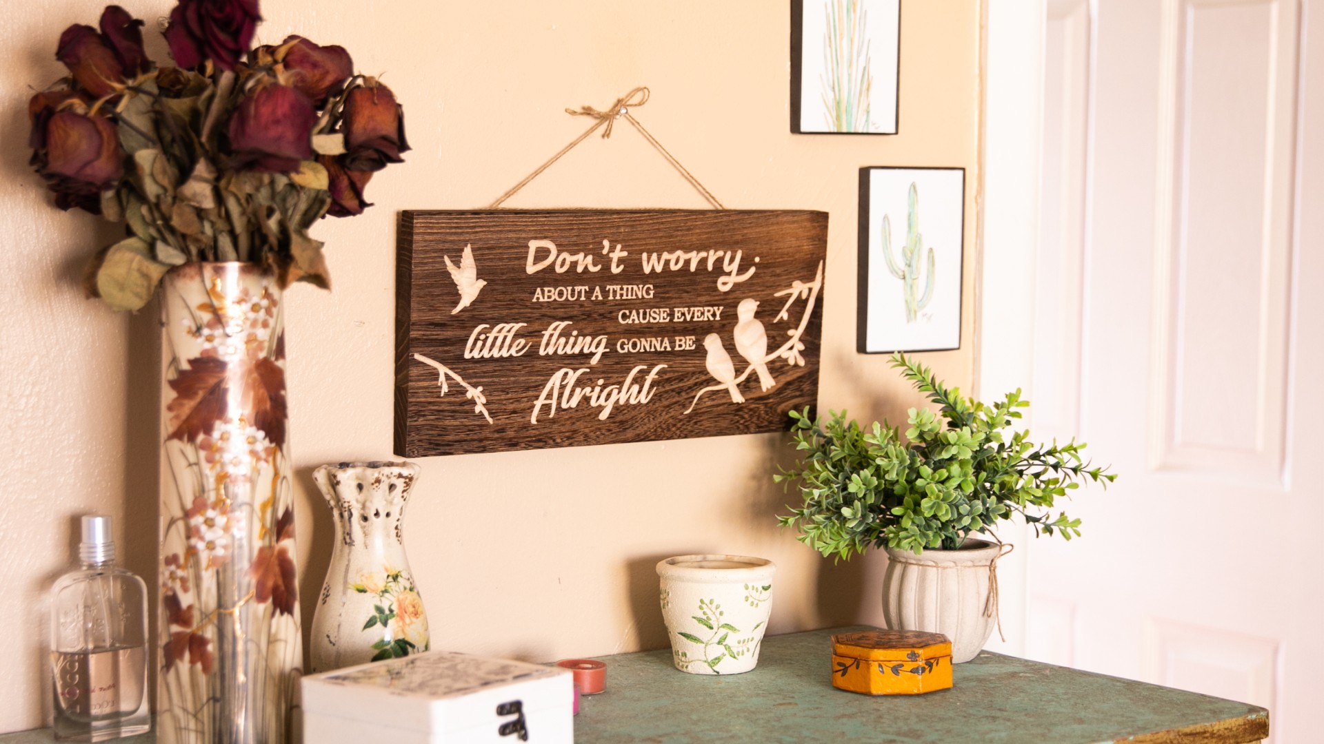 Panneau Mural Inspirant « Every Little Thing Is Gonna Be Alright » – 15x30 Cm, Bois, Oiseaux Aquarelle
