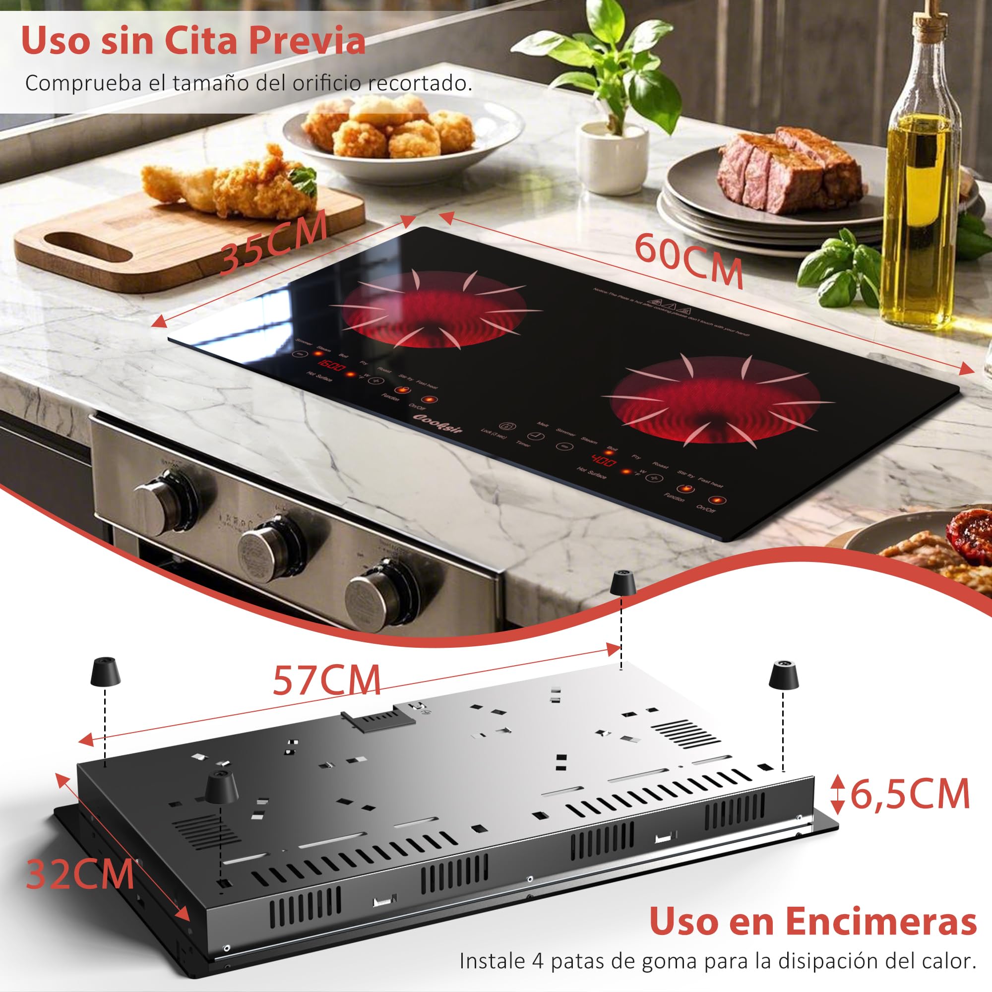 Placa Vitrocerámica de 2 Fuegos Portatil, 60 cm Para Empotrar o Móvil | Cooksir Vitroceramica, Autónoma, Tacto Horizontal Independiente, Bloqueo de Seguridad, 220 V ~ 240 V, 3600 W, con Enchufe