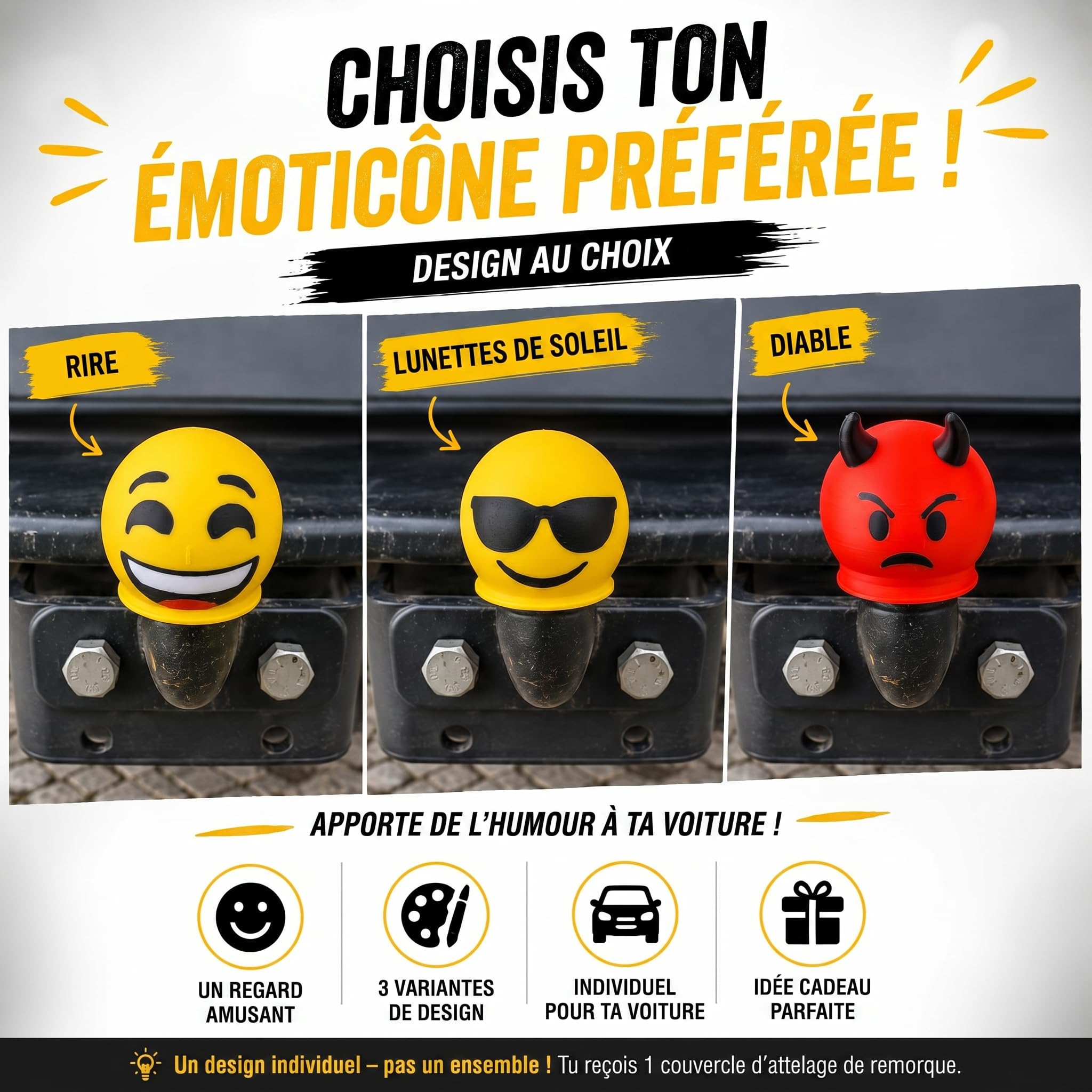 Couvercle d'attelage Smiley 50 mm - Capuchon de protection universel pour voiture, SUV, remorque