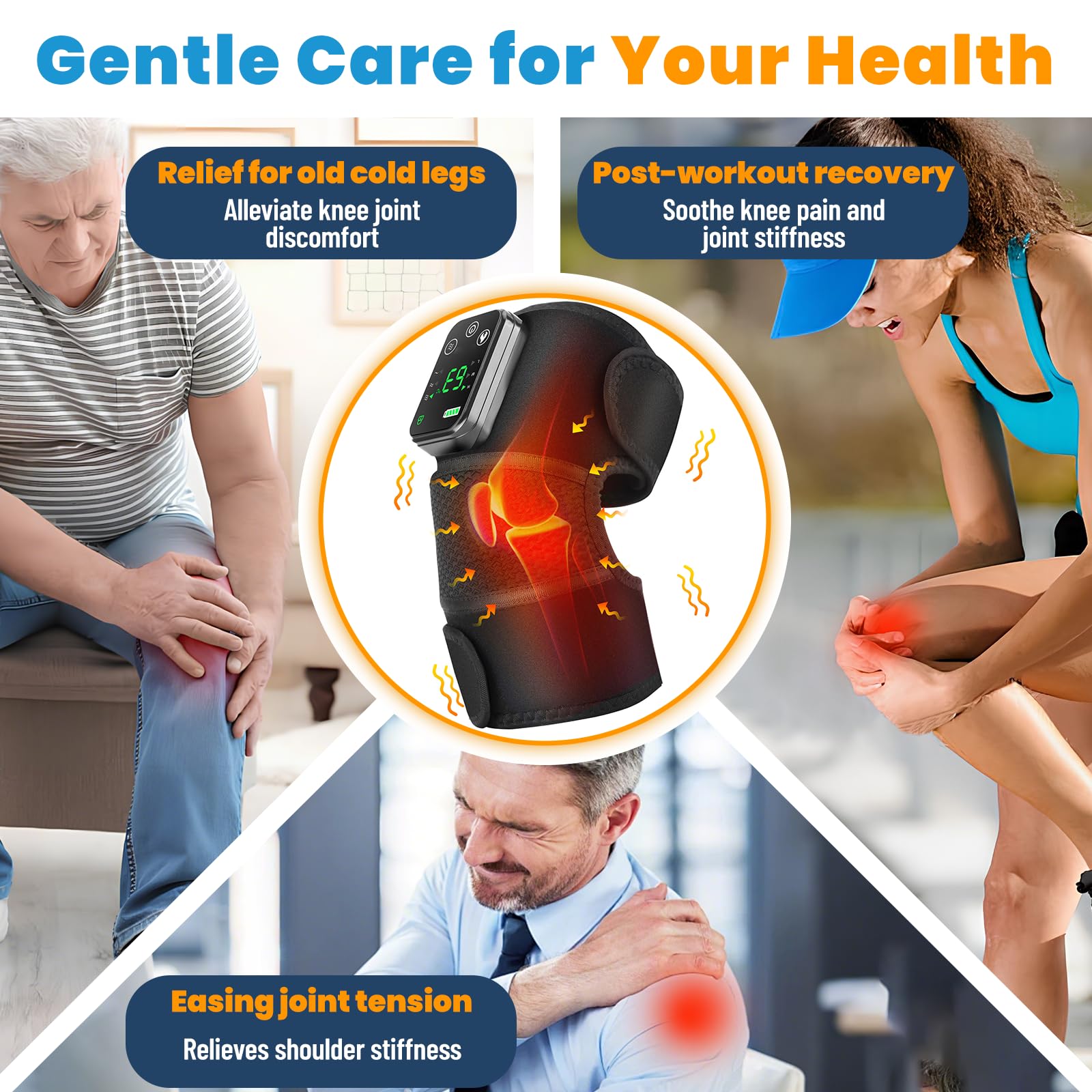 Heated Knee Massager Shoulder Elbow Brace 3 In 1 With Vibration, Cordless Rechargeable Heating Knee Warmers Wrap For Shoulder Elbow Knee Stress Relief ,1 Pair - View #6