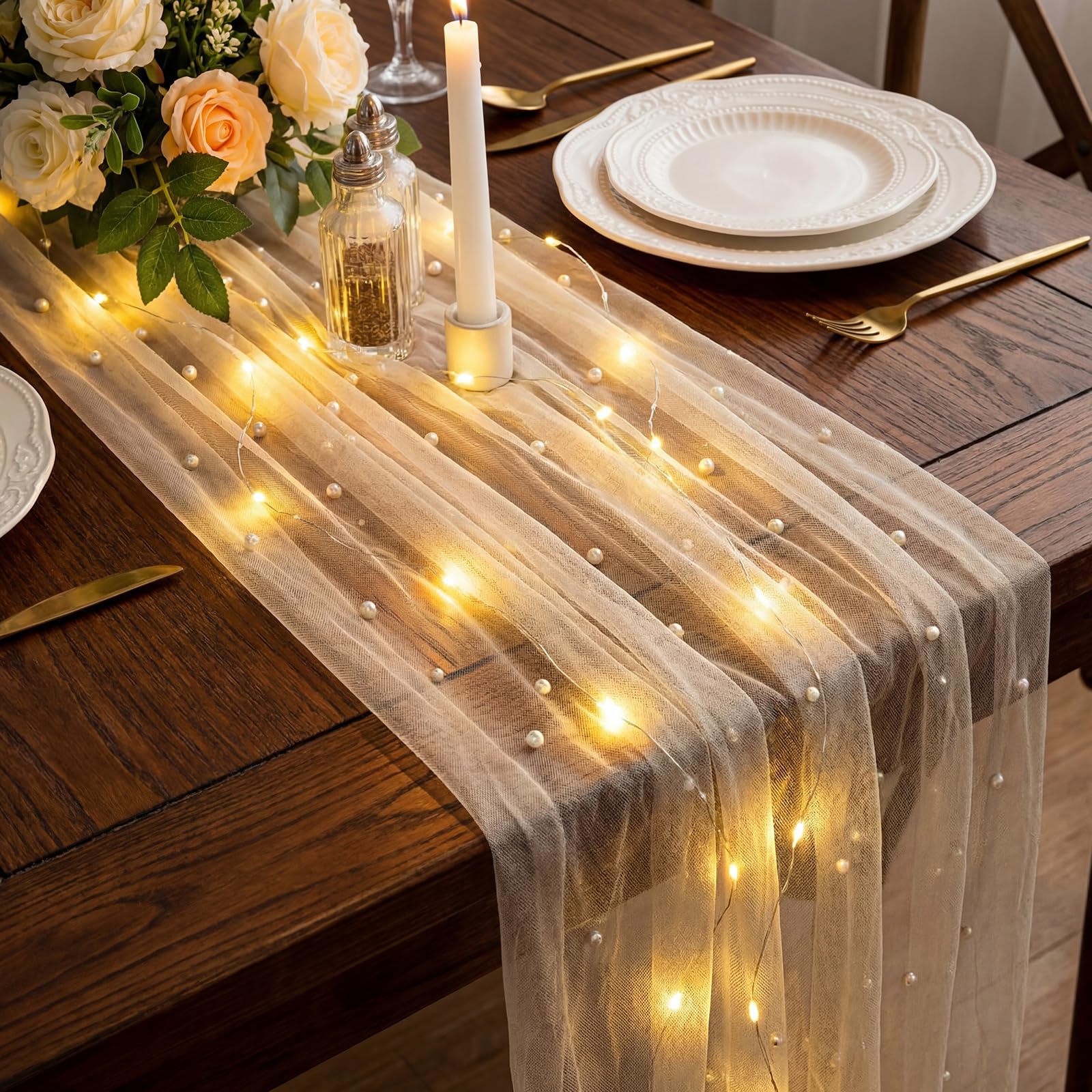 Photo 1 of Breling 120 Inch Wedding White Pearl Tulle Table Runner with LED Lights