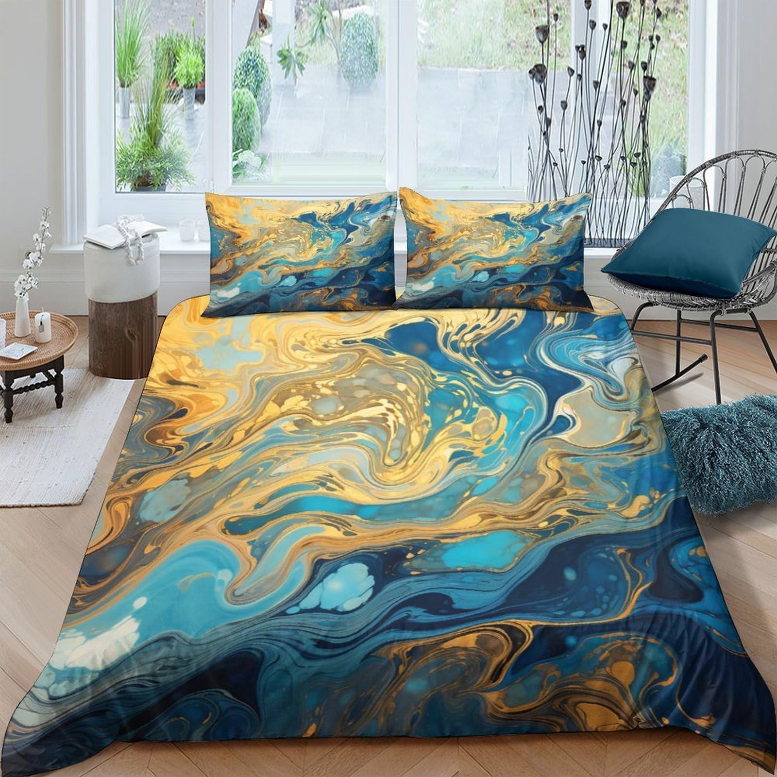 Ctjqhvkz Style-7 3D Printed Blue Gold Marble Fitted Sheet Microfiber Artistic Abstract Mattress Cover Bedroom Decoration Dustproof Washable Single（135X200cm）