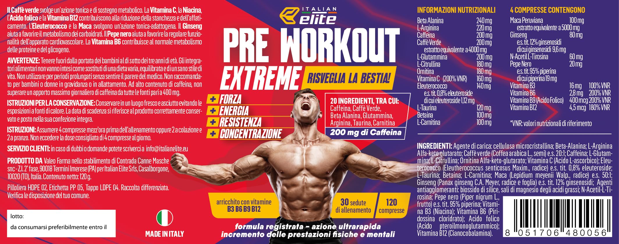 Italian Elite® Pre Workout Extreme, stimola Forza, Energia, Resistenza, Pump Muscolare e Focus Mentale per l'allenamento. 120 cpr con Beta Alanina Arginina Caffeina Glutammina Carnitina Vitamine