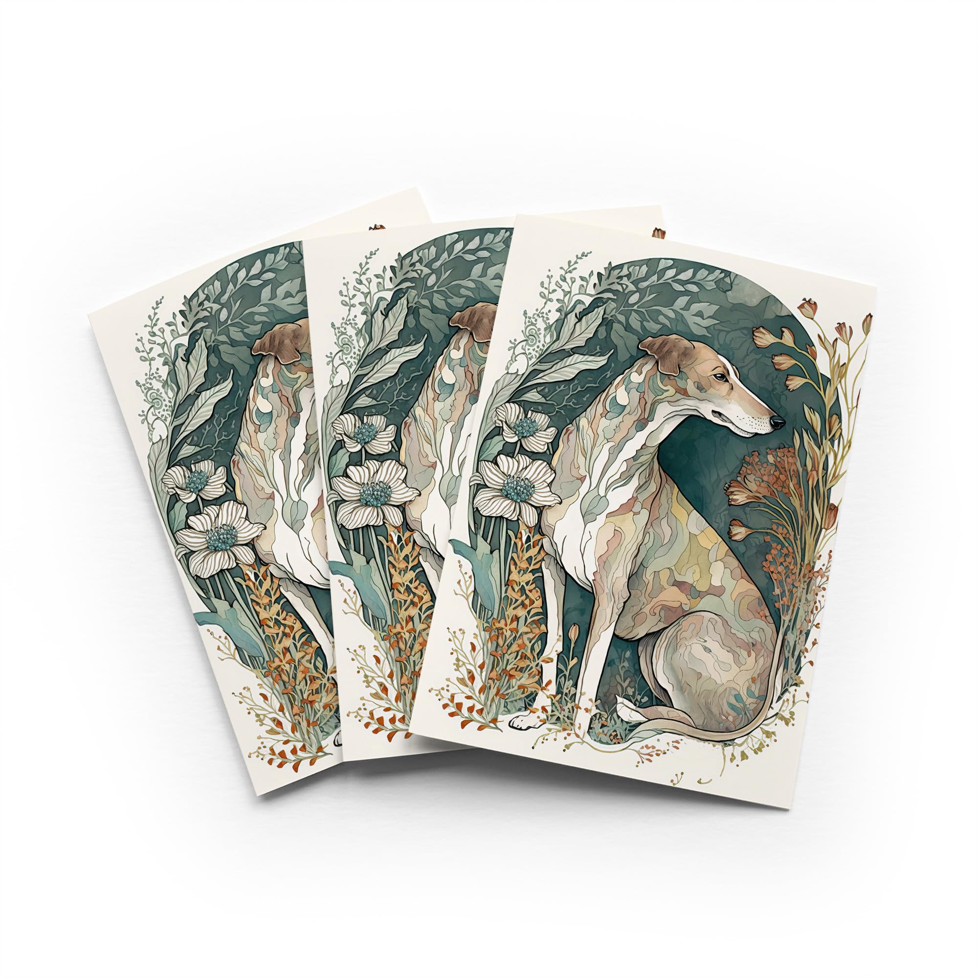 Greyhound Flower Field Greeting Card Pastel Boho Any Occasion Set of 3 Blank Inside 5x7 Inch 13x18 cm