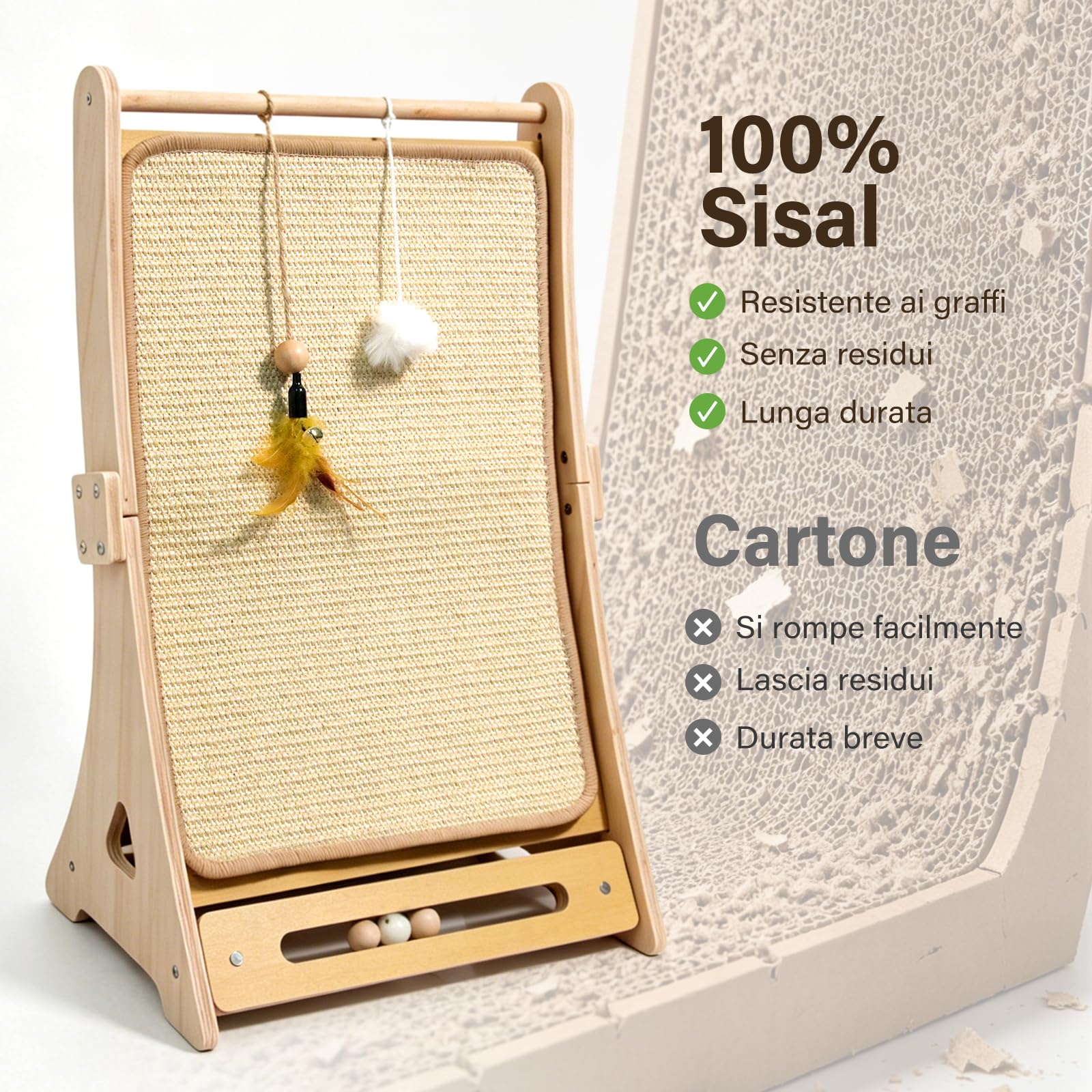 DONWEI Tiragraffi Sisal Curvo, Tigraffio per Gatti Adulti Anti Gatto Divano | Ergonomico 60°, Legno Massello Faggio, Tiragraffi Tappetino Sisal Naturale per Gatti, 3 Giochi Interattivi per Gatti, 65CM
