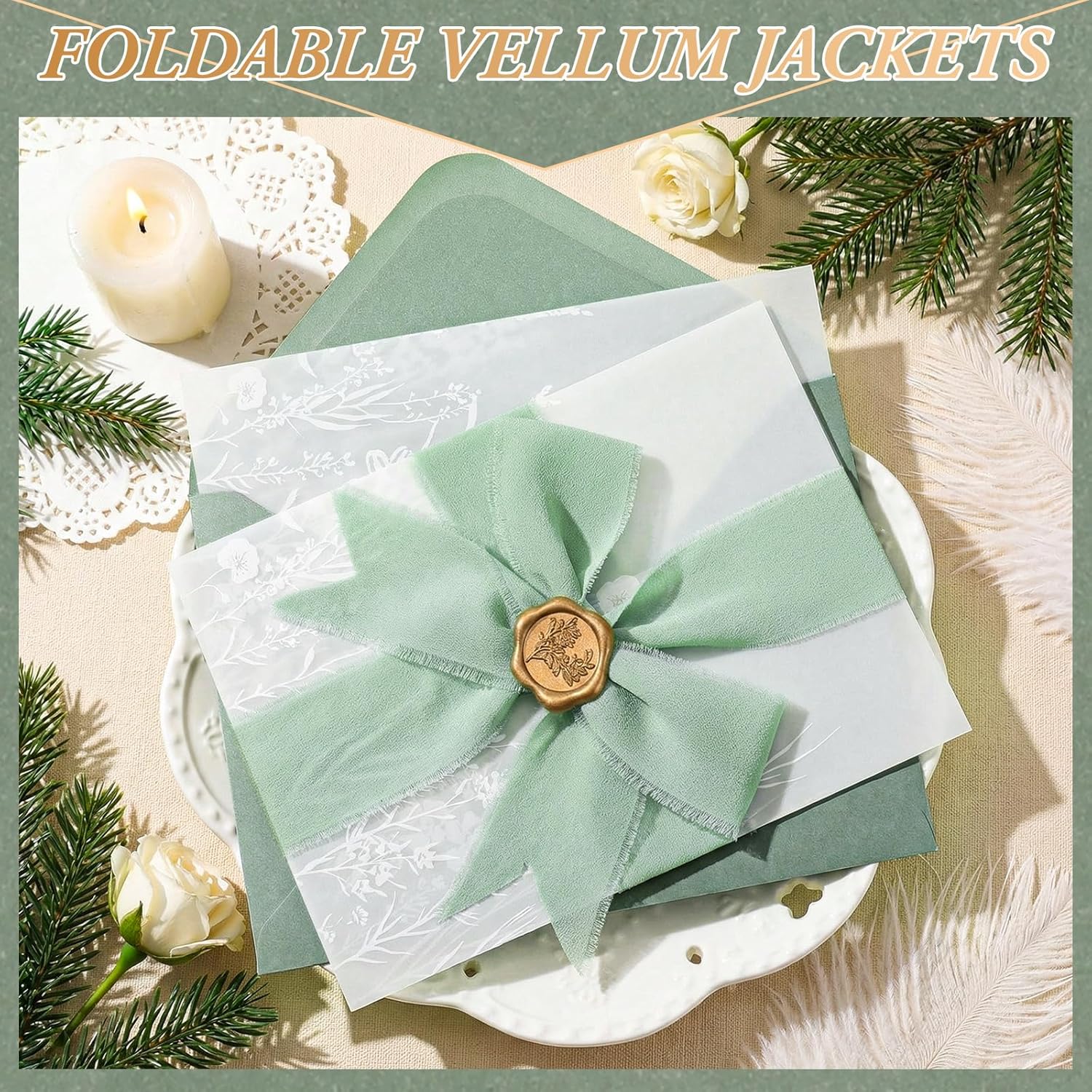 YooNotee 100 Set Wedding Invitation Kit Wedding Vellum Jackets Bulk for 5x7 Sage Green Envelope Liners Gold Wax Seal Stickers Invitation Accessories for Bridal Invite Baby Shower DIY Craft(Wildflower)