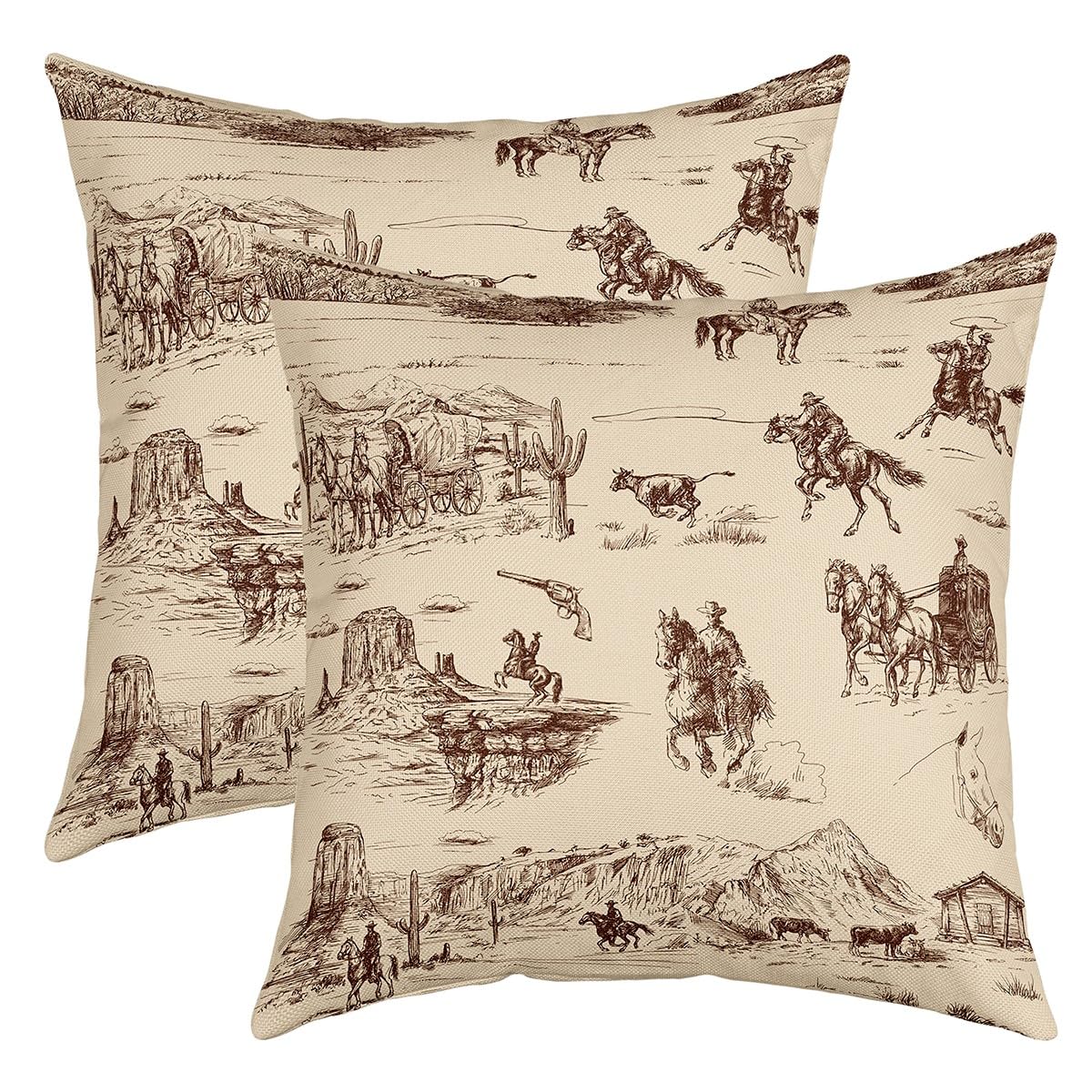 Western Cowboy Decorative Throw Pillowcases 45x45cm Set of 2 for Western Throw Pillow Covers Vintage Western Cowboy Pillow Cases Cushion Covers Brown โ image 1