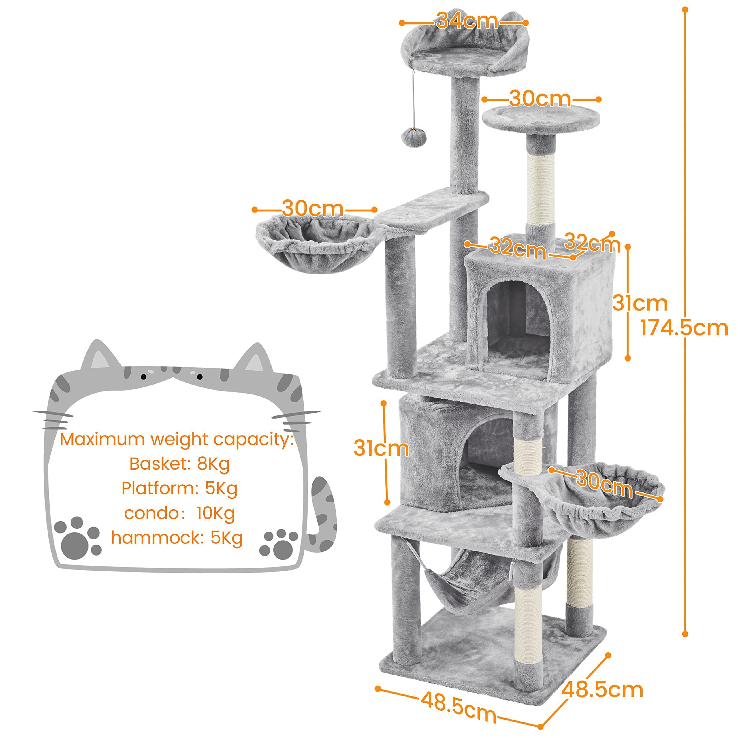 Yaheetech Albero Tiragraffi per Gatti 174,5 cm in Truciolato e Corda in Sisal con Condomini Posatoi e Ceste per Relax e Pisolini Multilivello Altezza Grigio Chiaro