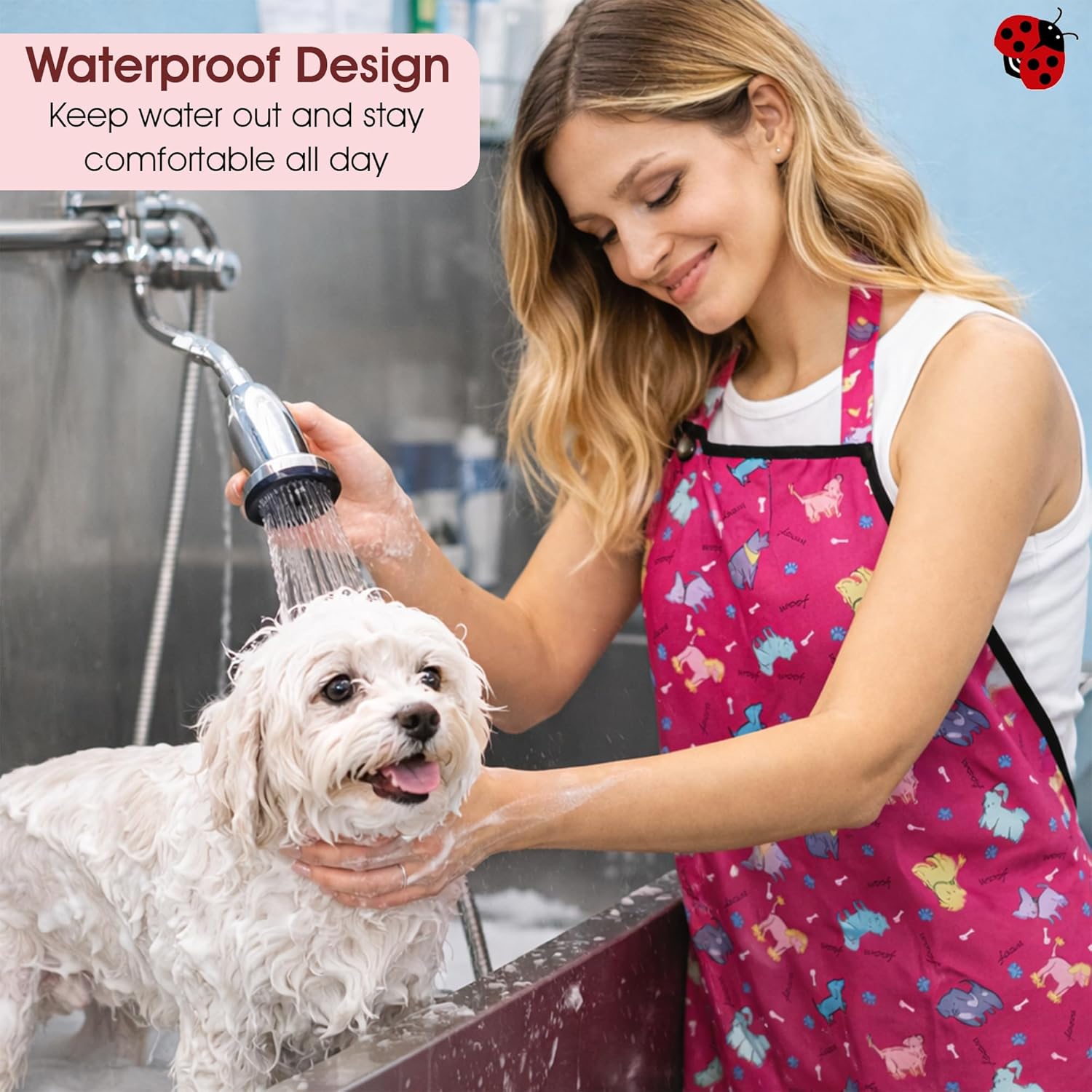 Ladybird Line 609 Pink Dog Waterproof Grooming Apron, Hair Bleach Resistant, Adjustable Neck Band, Breathable Mesh Lining