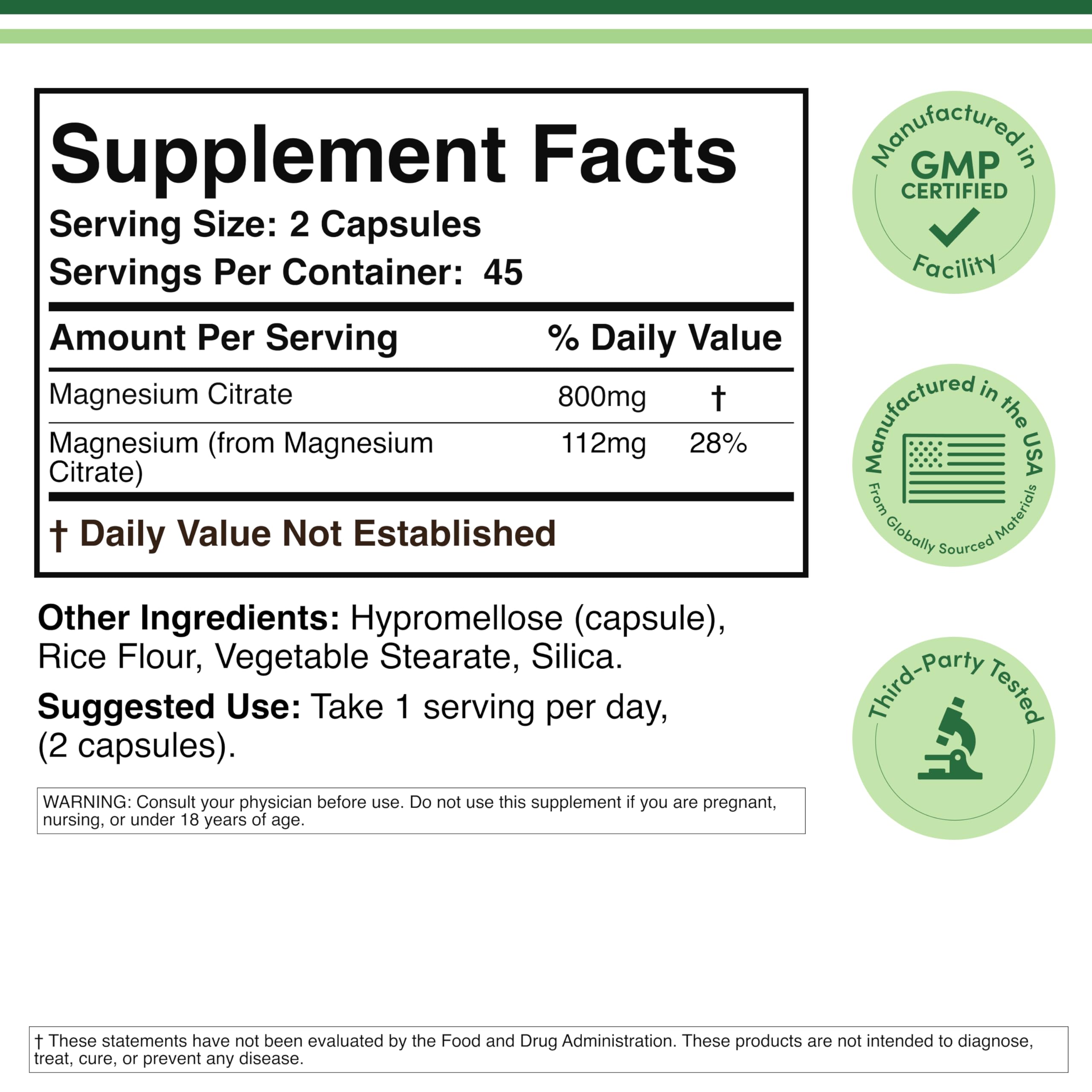 Magnesium Citrate 800mg, 112mg Elemental Magnesium, 90 Capsules — Amazon image 2
