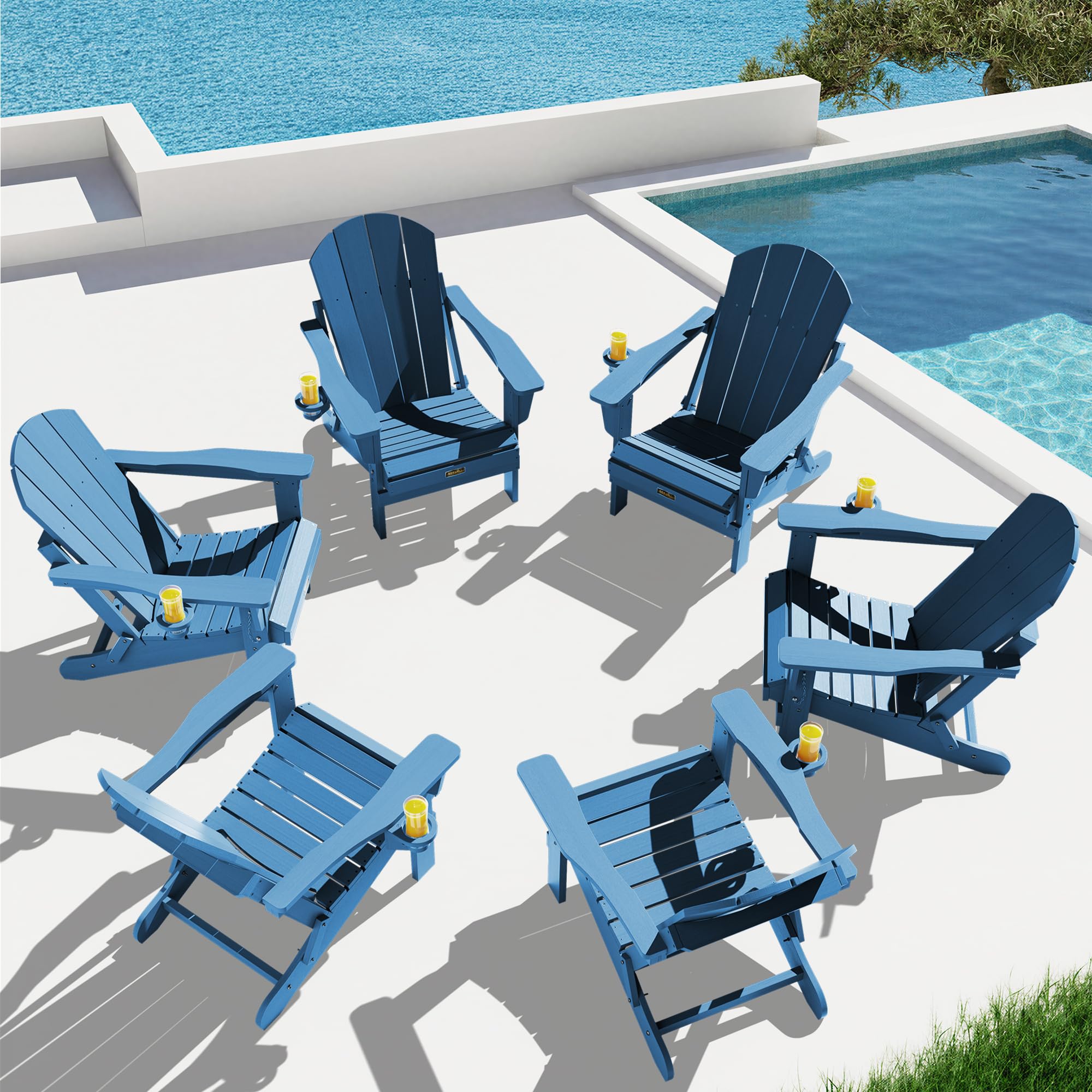 SERWALL Folding Adirondack Chair Set of 6, Lawn Chairs with Cup Holder- Sapphire