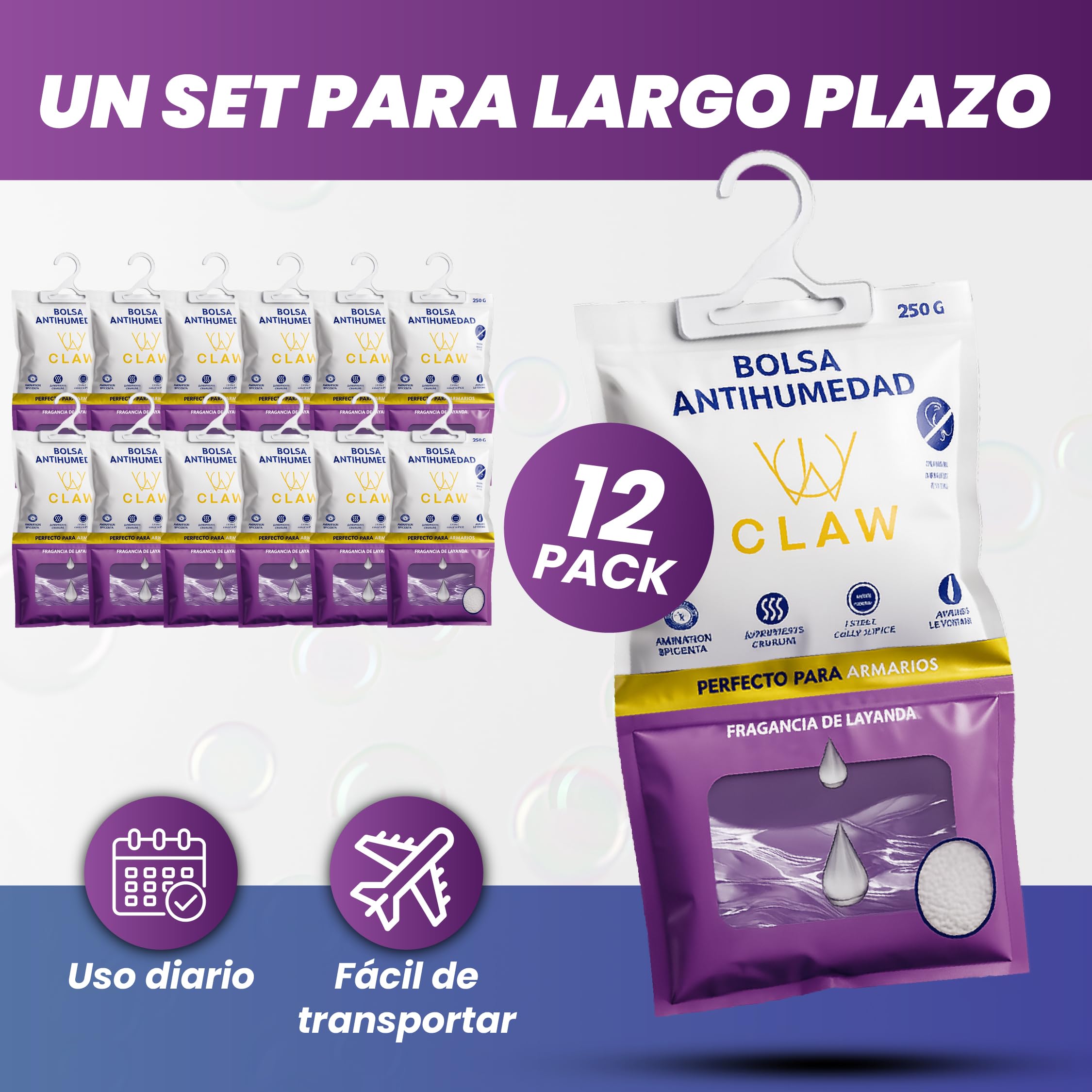 Pack de 12x250g Bolsas Antihumedad 3KG Armario Ropa – Deshumificador Percha Colgante Garaje – Elimina malos Olores con Fragacia de Lavanda- Absorbente Humedad Trastero