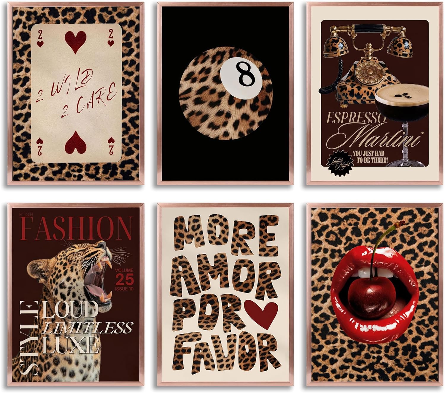 6pcs Trendy Leopard Canvas Wall Art Preppy Cheetah Room Aesthetic Posters Prints Paintings Funky Lucky 8 Ball Wall Decor Pictures for Girls Bedroom Apartment Dorm Unframed