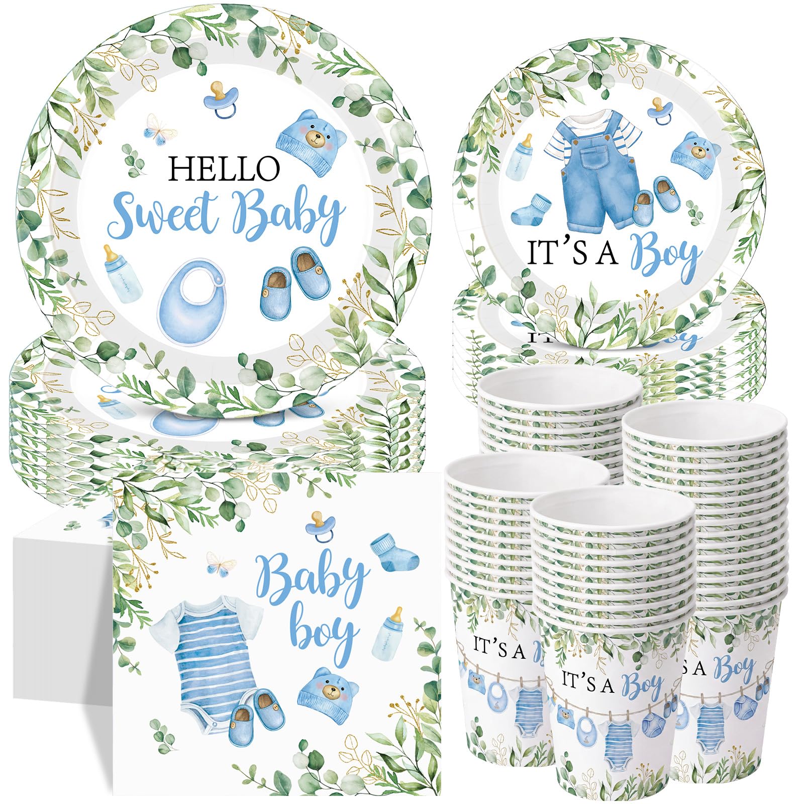 Pickmesh 250 Pcs Blue Boy Baby Shower Disposable Tableware Set Hello Sweet Boy Paper Plates Napkin Cup Cutlery with Sage Decoration for Gender Reveal Birthday Party Supply Baby Shower, Serve 50 Guest