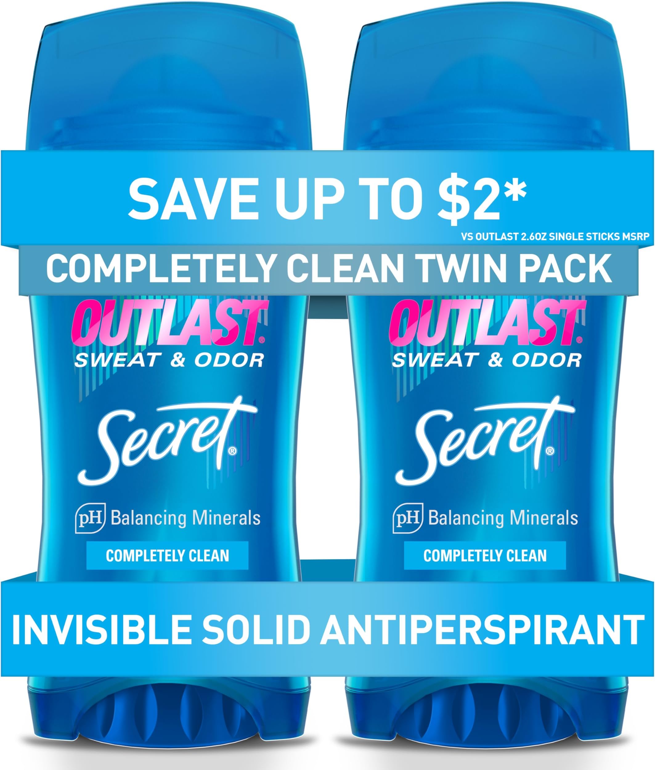 Outlast Antiperspirant Deodorant for Women, 72hr Sweat & Odor Protection, PH Balancing Minerals, Invisible Solid, Completely Clean Scent, 2.6 oz (Pack of 2)