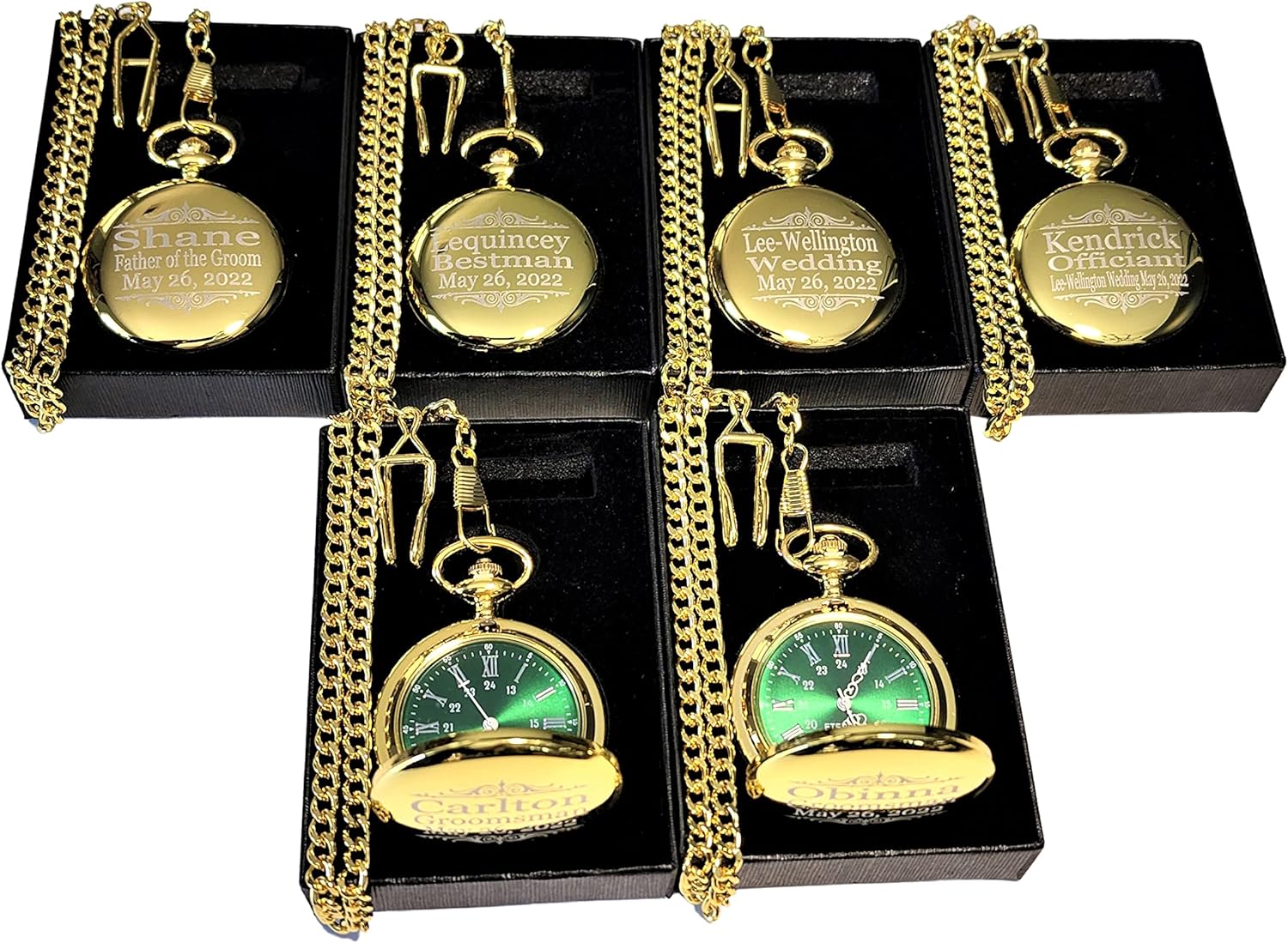 1 Engraved pocket watch - Comes with fitted custom box, chain and engraving. Green dial with Silver roman numerals, Personalized Wedding gifts