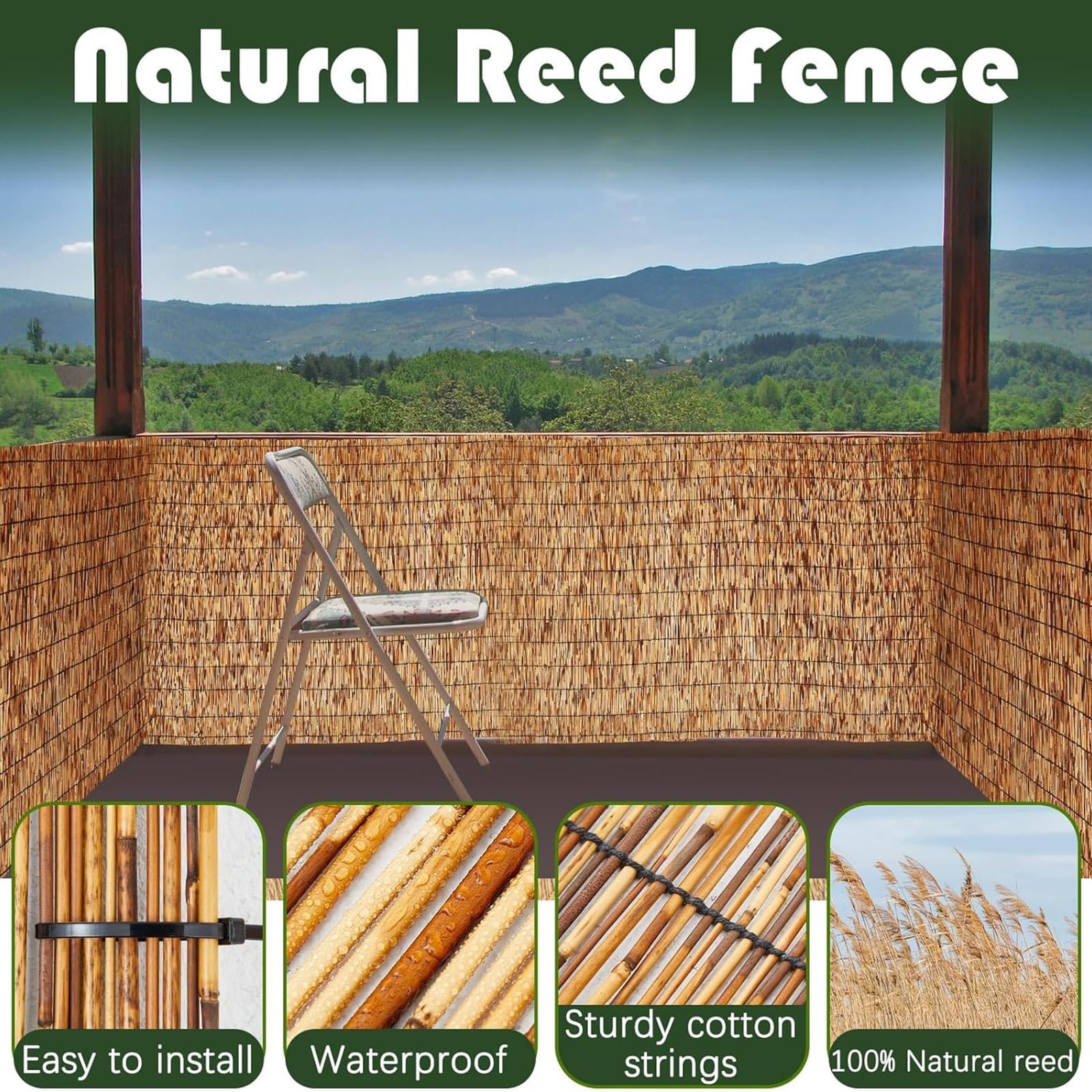 Recinzione in bambù naturale, pannello in bambù per la privacy, per terrazze, balconi, cortili e piscine, dimensioni: 1,53 x 9 m (altezza x lunghezza)