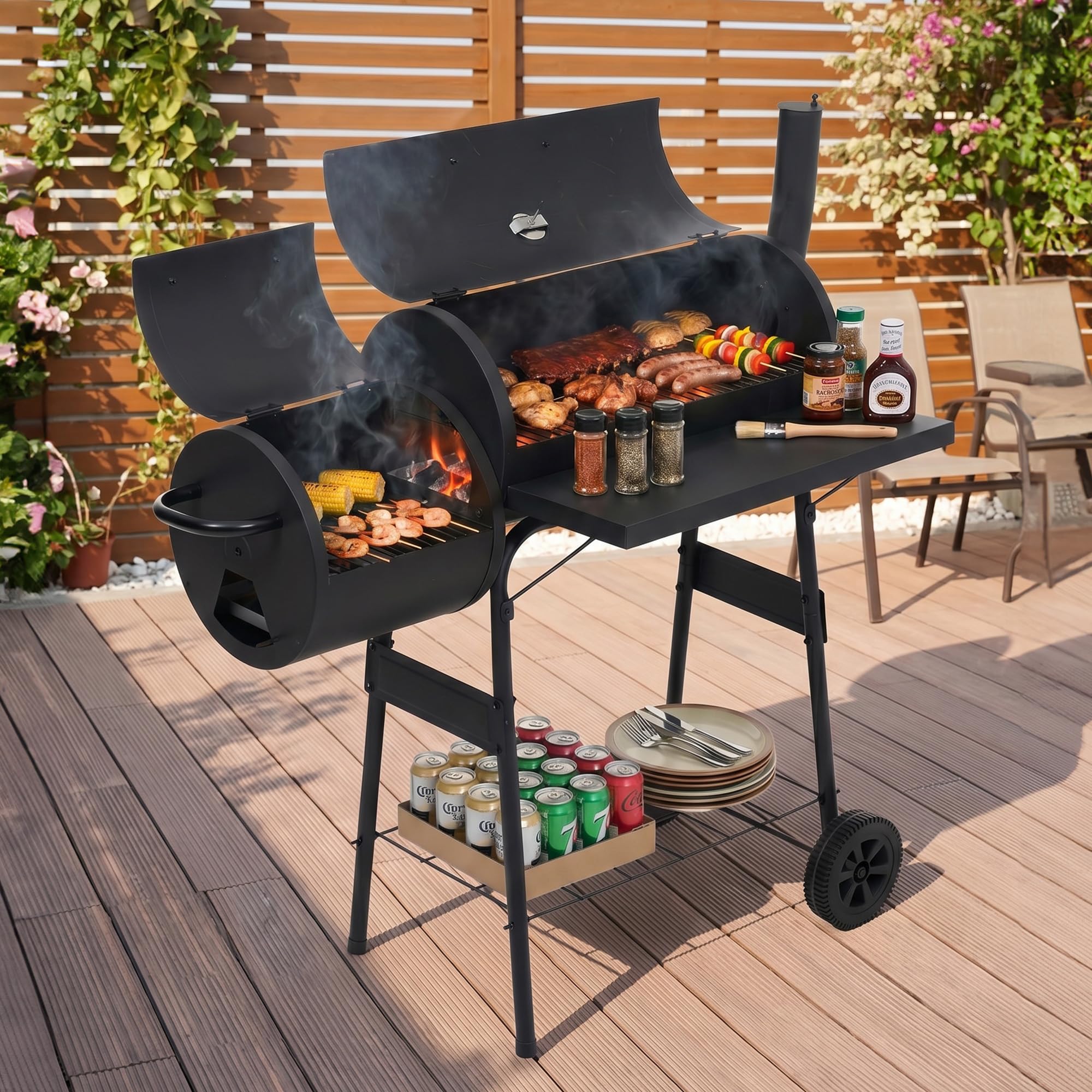 Amazon | バーベキューコンロ 煙突 焼き網 温度計 多用棚板 8-12人用