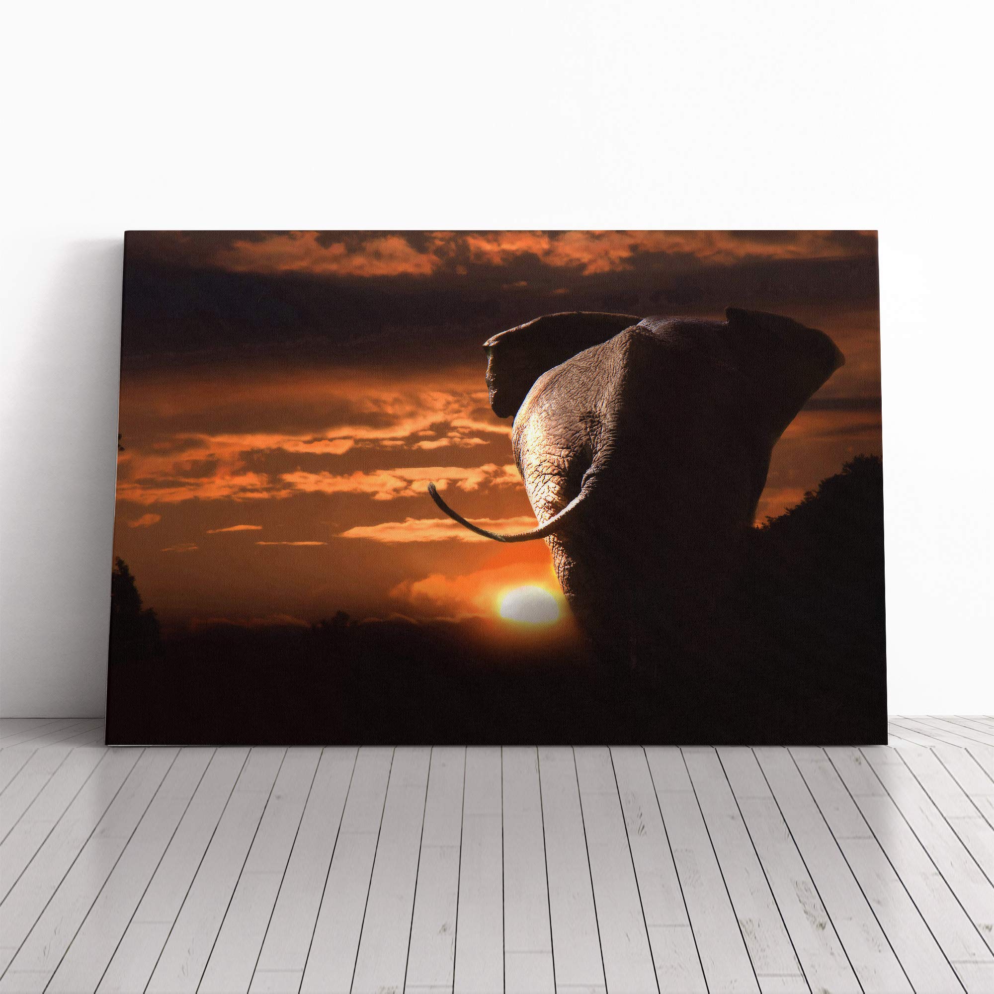Walking Elephant Sunset Canvas Print | Gallery Wrapped 30mm Frame Wall Art | 30x20 inches | Ready to Hang | Modern Animals Picture | Living Room Bedroom Lounge Office