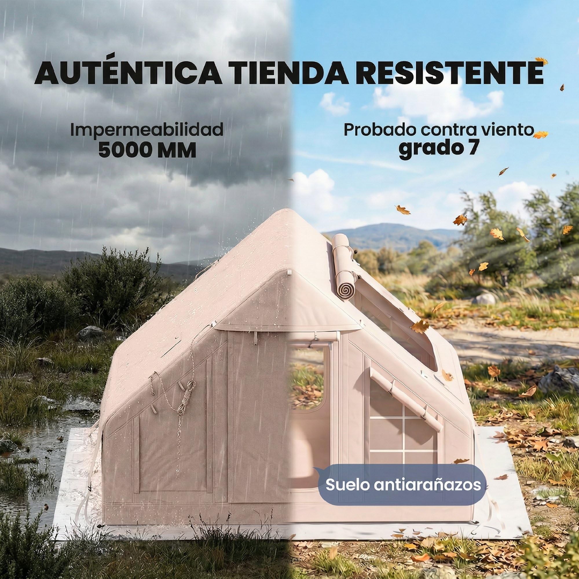 Outsunny Tienda de Campaña Inflable Glamping para 5–8 Personas con Apertura de Chimenea y Claraboya Bomba UPF30+ Bolsa para 4 Estaciones Instantáneo Resistente al Viento Tela Oxford Impermeable 5000+