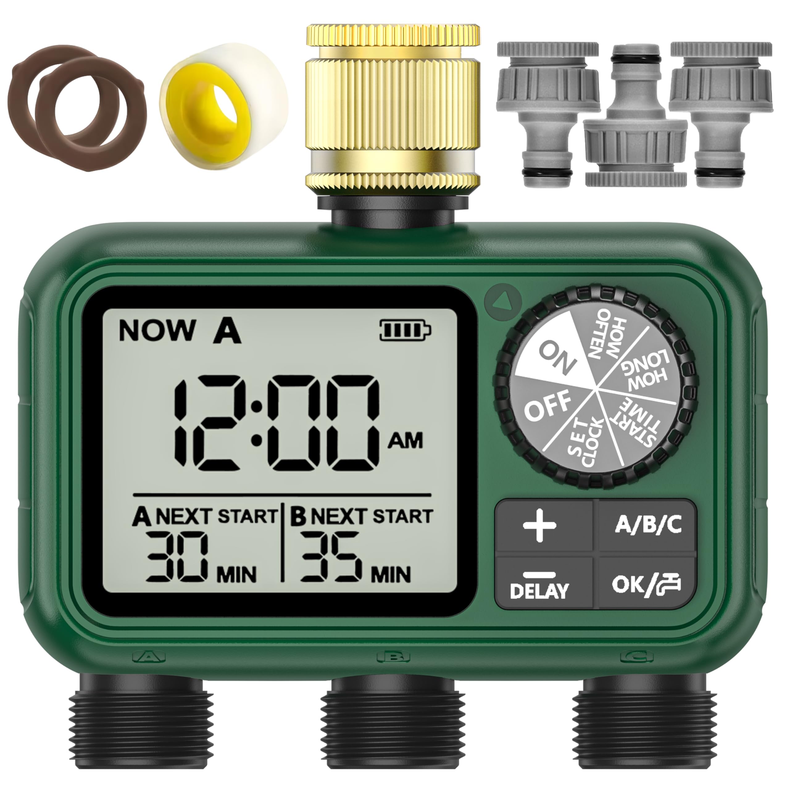 Centralina Irrigazione 3 Vie con Ingresso in Ottone, Grande Display LCD, Computer Giardino Irrigazione Timer, Timer Irrigazione Automatica con Ritardo Pioggia per Automatica e Manuale per Prato