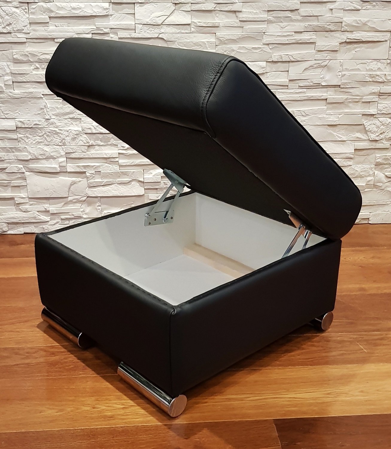 Quattro Meble Schwarz Echtleder Hocker aufklappbar mit Stauraum Sitzhocker Rindsleder Sitzwürfel 60x55 Fußhocker Polsterhocker Echt Leder Puff
