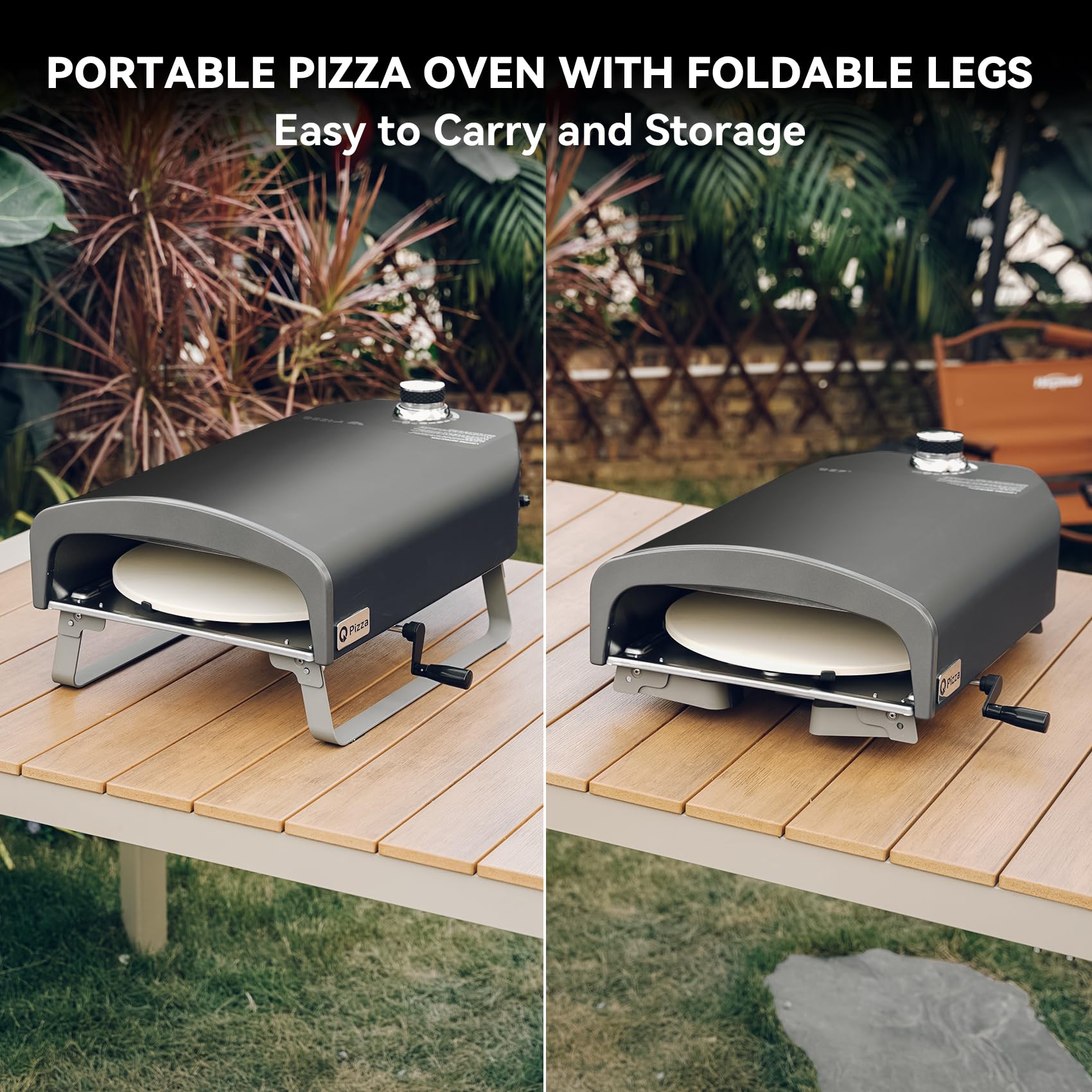 Q Pizza Gas Pizzaofen mit Manueller Drehfunktion, 500 Grad Pizza Grill für Outdoor Garten mit ⌀33 cm Pizzastein, Backen Sie Pizza auf Profi-Niveau in Ihrer Kontrolle