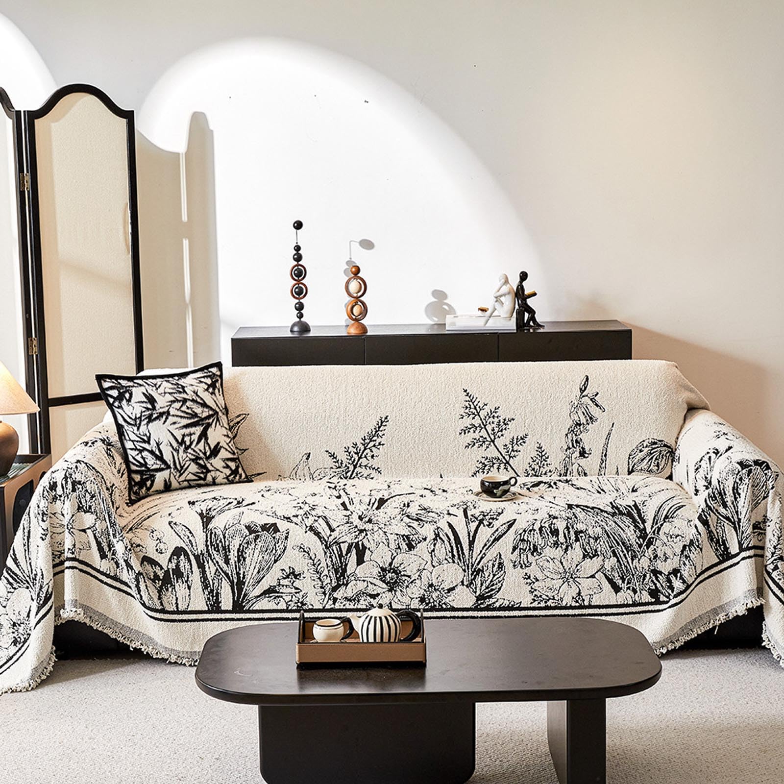 Housse chenille noire haut de gamme avec pompons tricotés main 180x130