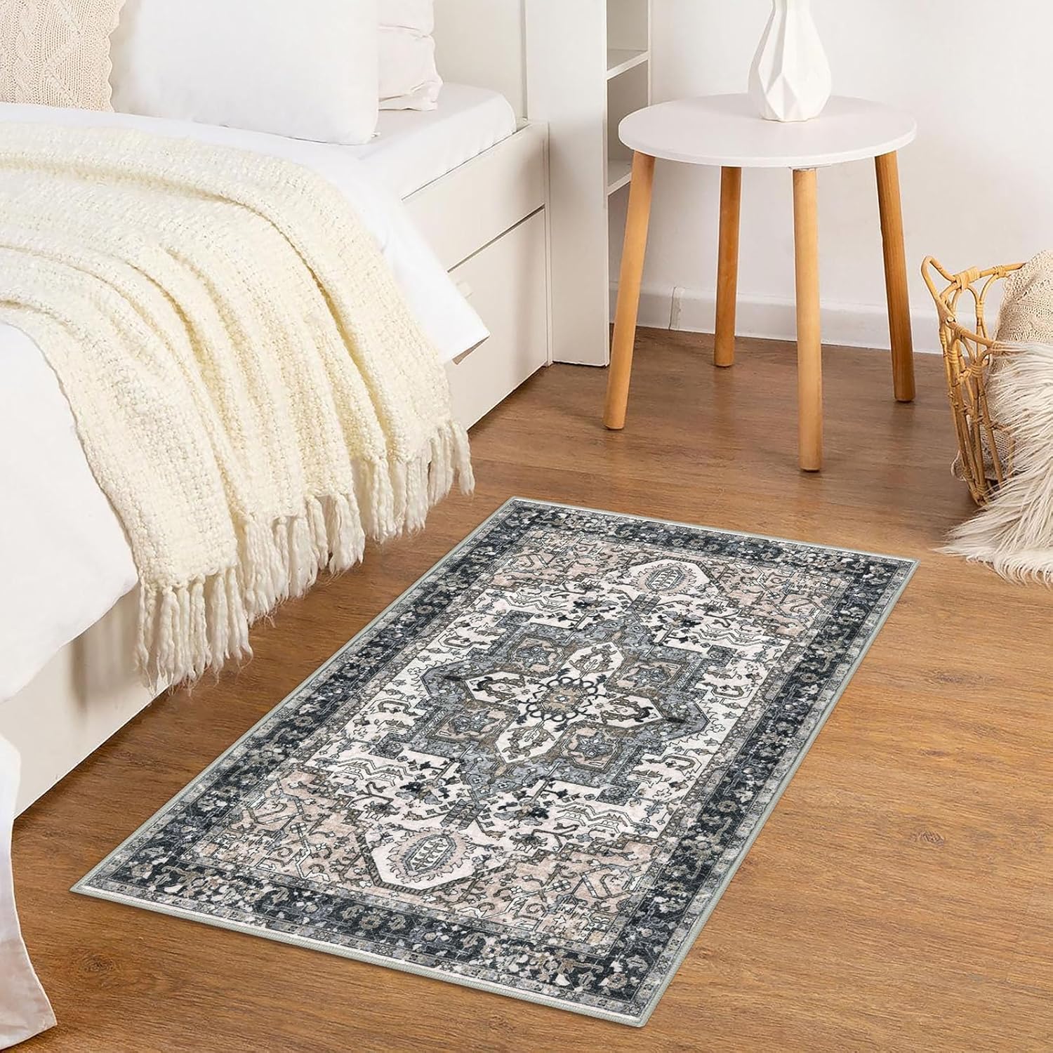 KOZYFLY Small Area Rug 2x3 Ft Rugs for Entryway Washable Boho Entry Rug Non Slip Door Mat Indoor Entrance Faux Wool Vintage Printed Kitchen Rug Throw Rugs for Entrance Kitchen, Black/Taupe/Beige